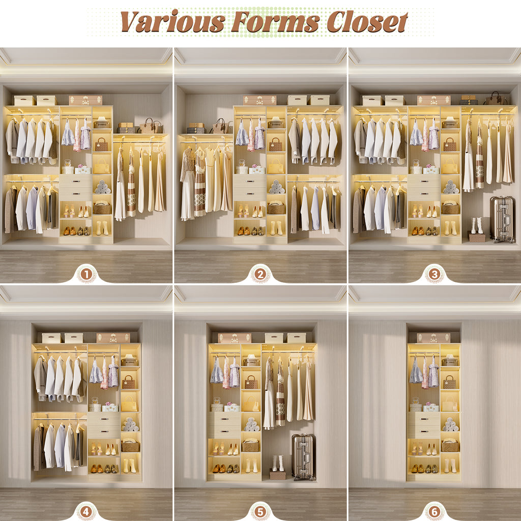 8FT Heavy Duty Wood Closet System with 2 Drawers & 4 Adjustable Hanging Rods & 9-Cube Shelving