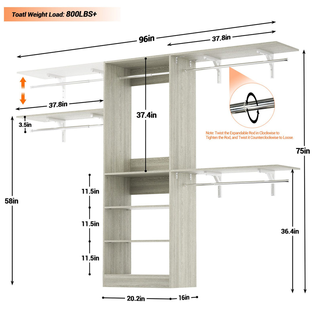 96'' Closet System with 3 Hanging Rods, Adjustable Cloth Garment Rack from 5 to 8FT