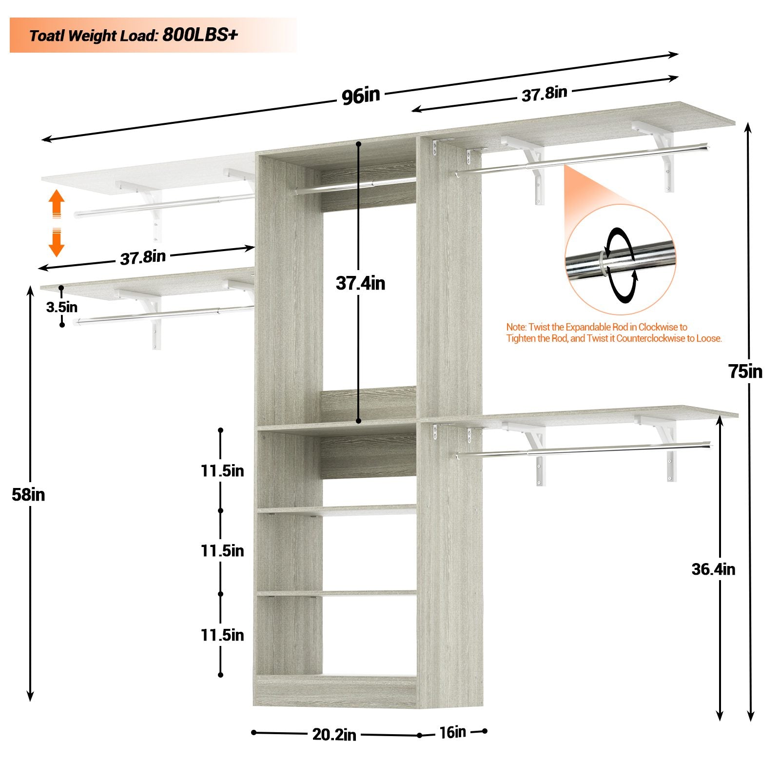 96'' Closet System with 3 Hanging Rods, Adjustable Cloth Garment Rack from 5 to 8FT