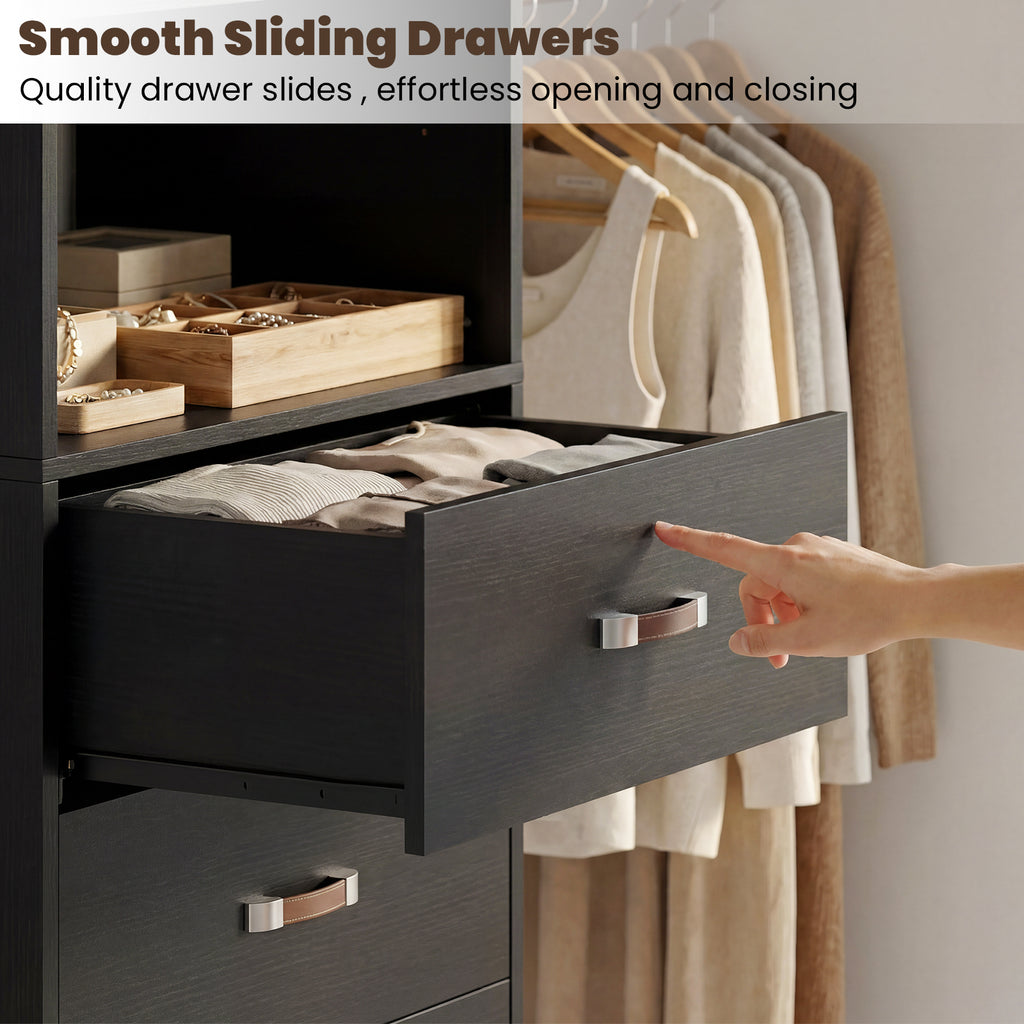 96" Wall Mounted Closet System with LED, Walk-In Style Wood Closet Organizer Cut to Fit 4-8FT with 3 Drawers & Top Shelf
