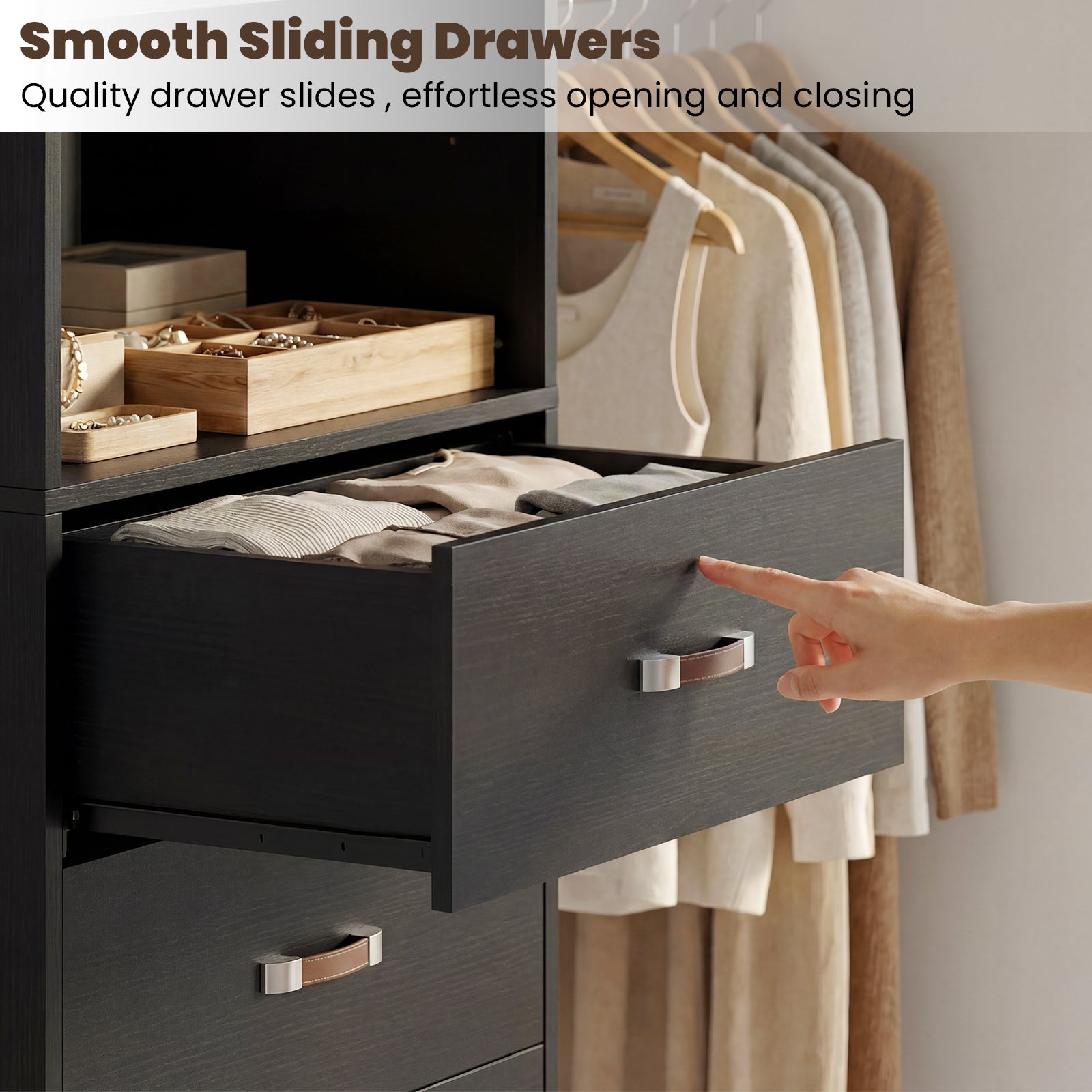 96" Wall Mounted Closet System with LED, Walk-In Style Wood Closet Organizer Cut to Fit 4-8FT with 3 Drawers & Top Shelf