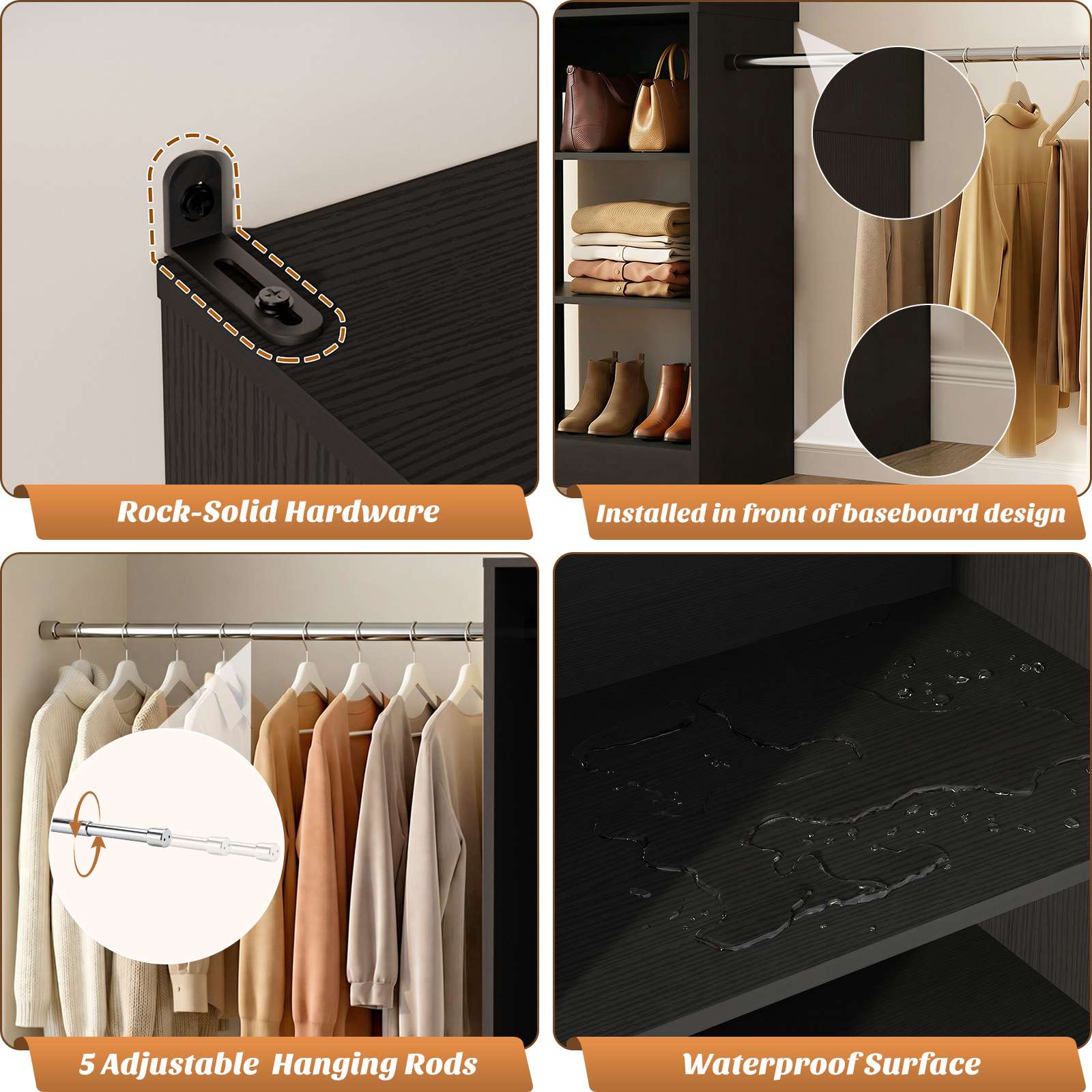 12FT Large Open Closet System, 138'' Wall-Mounted Closet Shelving with 5 Hanging Rods and 6 Shelves