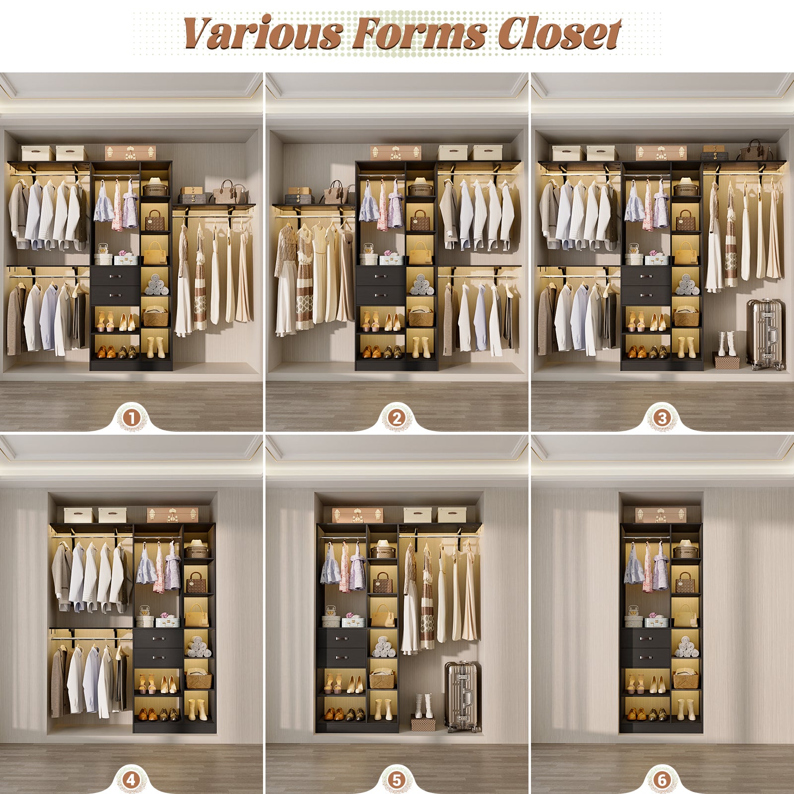 8FT Heavy Duty Wood Closet System with 2 Drawers & 4 Adjustable Hanging Rods & 9-Cube Shelving