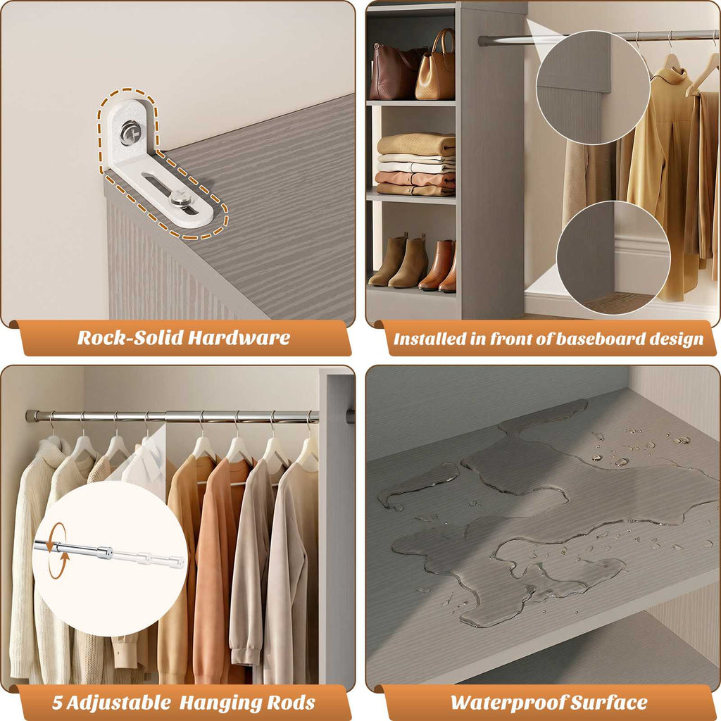 12FT Large Open Closet System, 138'' Wall-Mounted Closet Shelving with 5 Hanging Rods and 6 Shelves