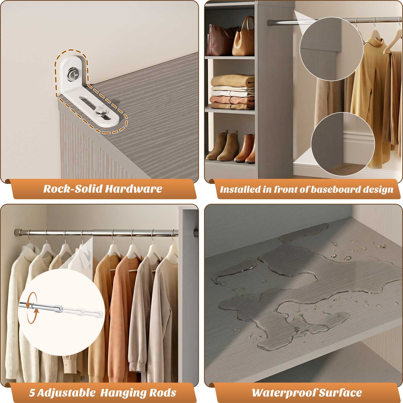 12FT Large Open Closet System, 138'' Wall-Mounted Closet Shelving with 5 Hanging Rods and 6 Shelves