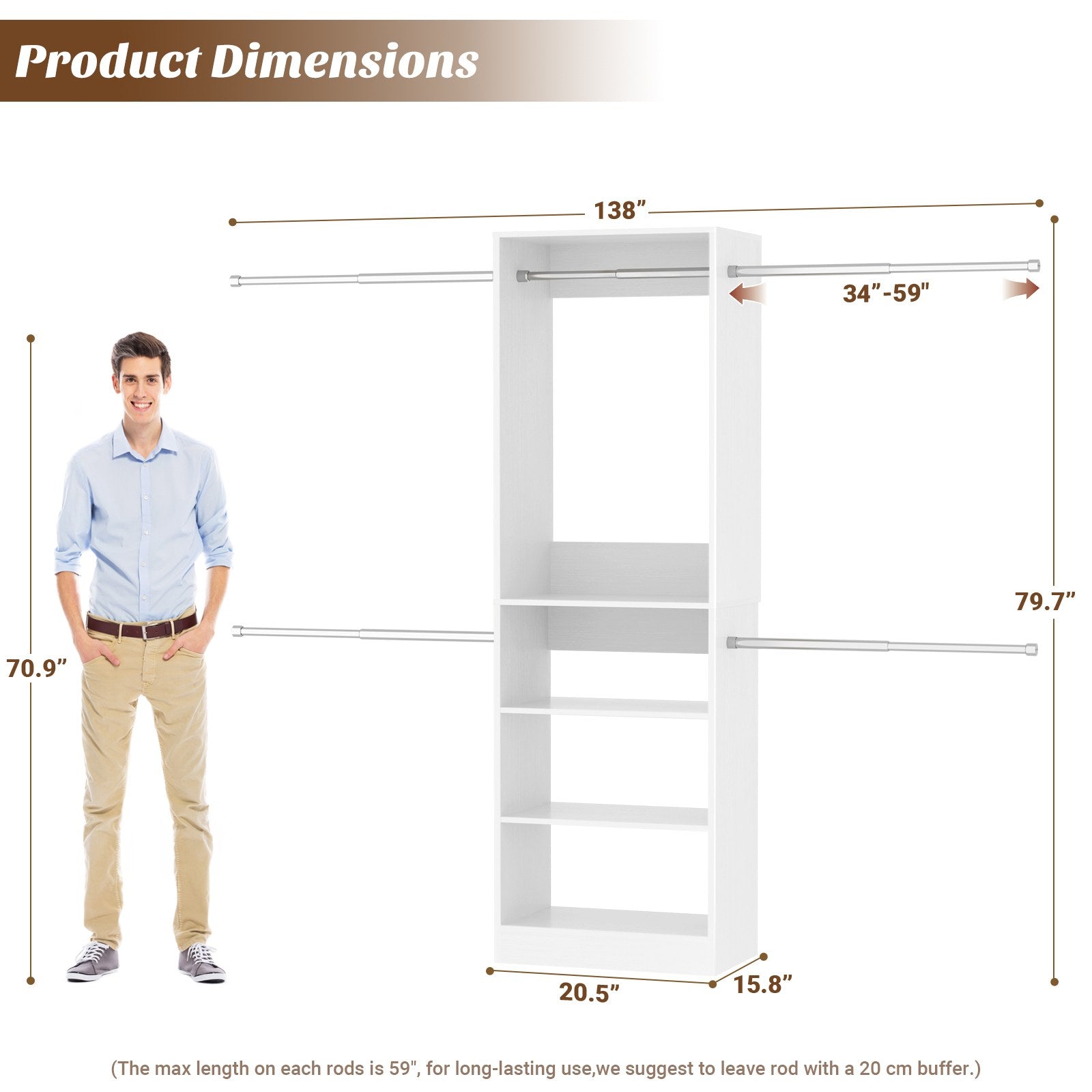 12FT Large Open Closet System, 138'' Wall-Mounted Closet Shelving with 5 Hanging Rods and 6 Shelves