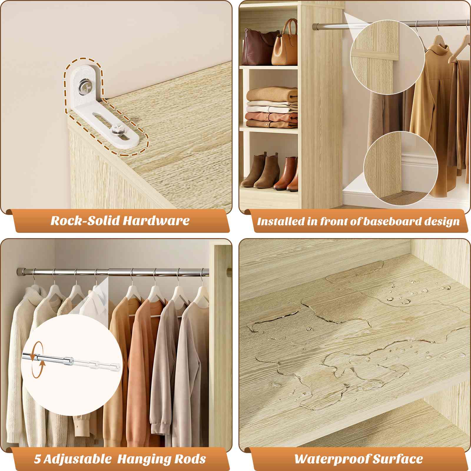 12FT Large Open Closet System, 138'' Wall-Mounted Closet Shelving with 5 Hanging Rods and 6 Shelves