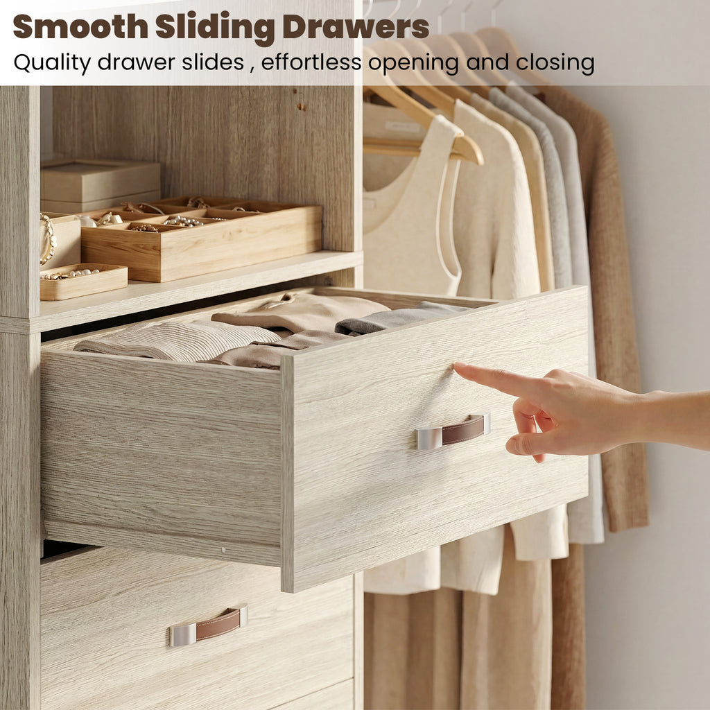 96" Wall Mounted Closet System with LED, Walk-In Style Wood Closet Organizer Cut to Fit 4-8FT with 3 Drawers & Top Shelf