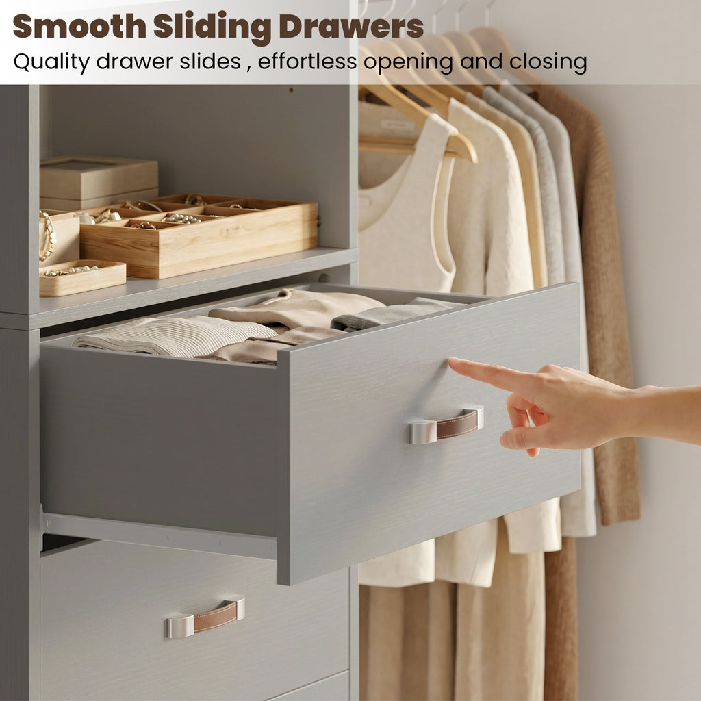 96" Wall Mounted Closet System with LED, Walk-In Style Wood Closet Organizer Cut to Fit 4-8FT with 3 Drawers & Top Shelf