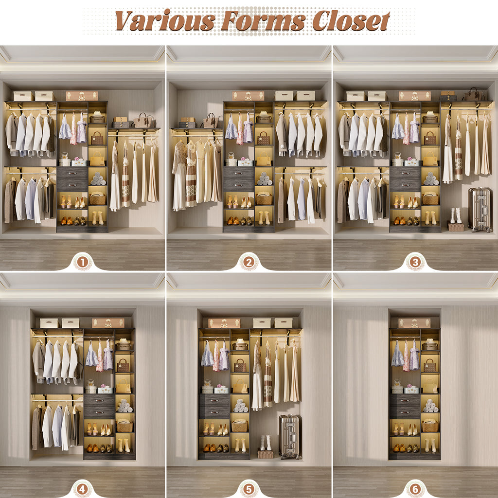 8FT Heavy Duty Wood Closet System with 2 Drawers & 4 Adjustable Hanging Rods & 9-Cube Shelving