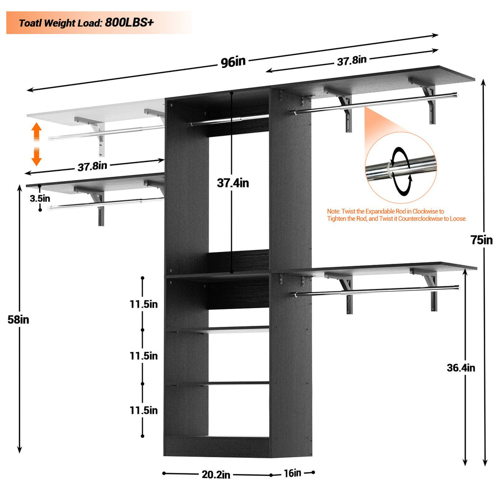 96'' Closet System with 3 Hanging Rods, Adjustable Cloth Garment Rack from 5 to 8FT