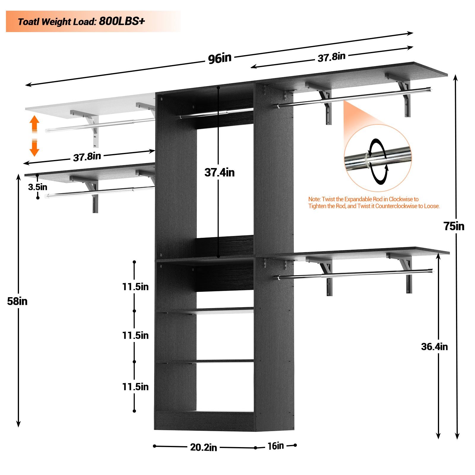 96'' Closet System with 3 Hanging Rods, Adjustable Cloth Garment Rack from 5 to 8FT