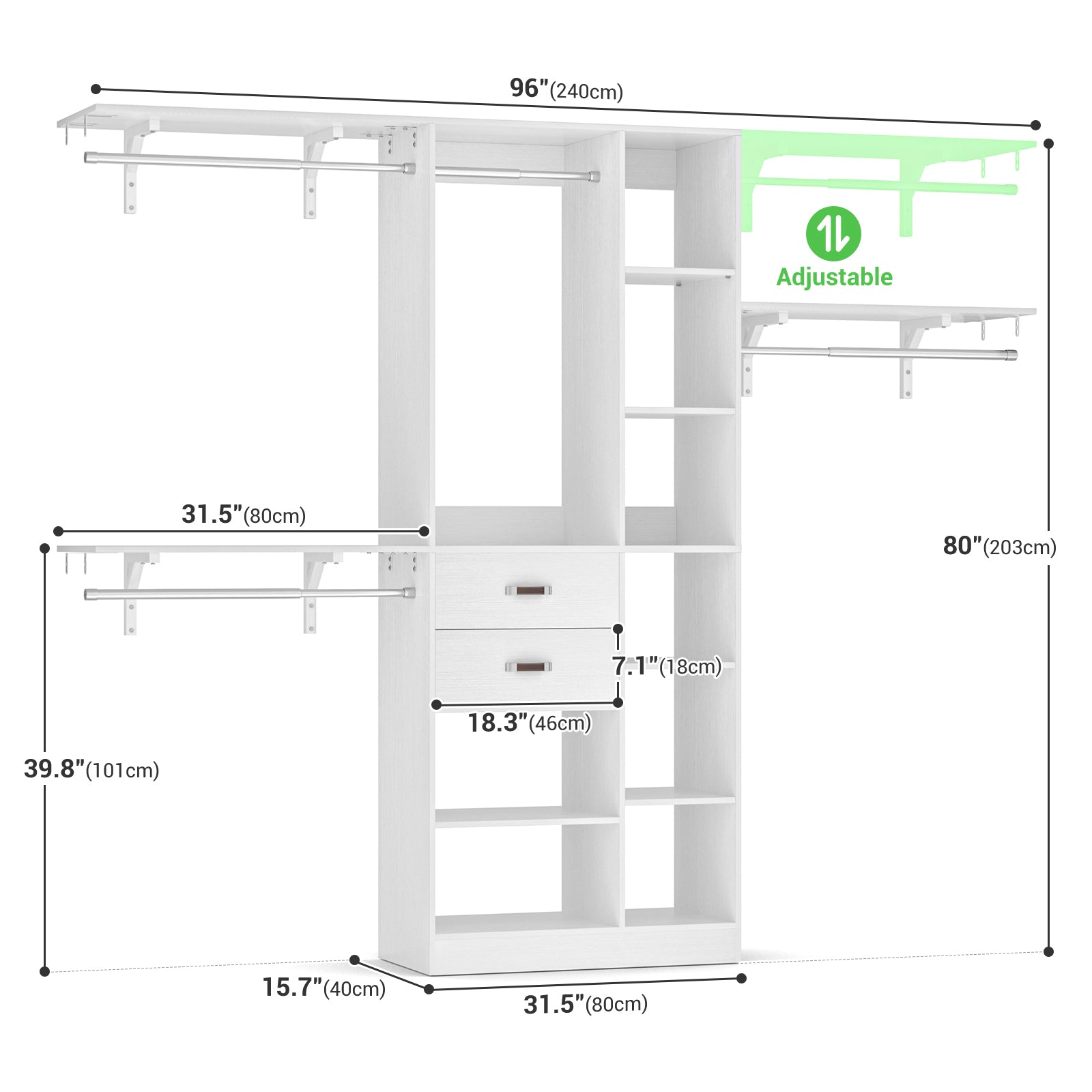 8FT Heavy Duty Wood Closet System with 2 Drawers & 4 Adjustable Hanging Rods & 9-Cube Shelving