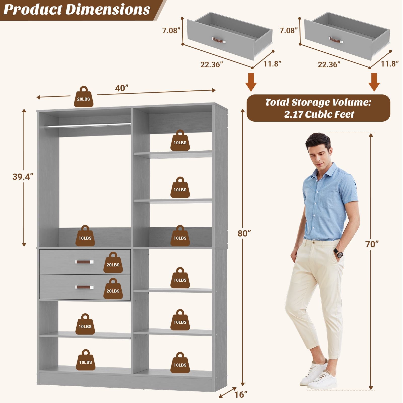 40'' Stand-Alone Closet System with 2 Wood Drawers, Garment Organizer System with Hanging Rod