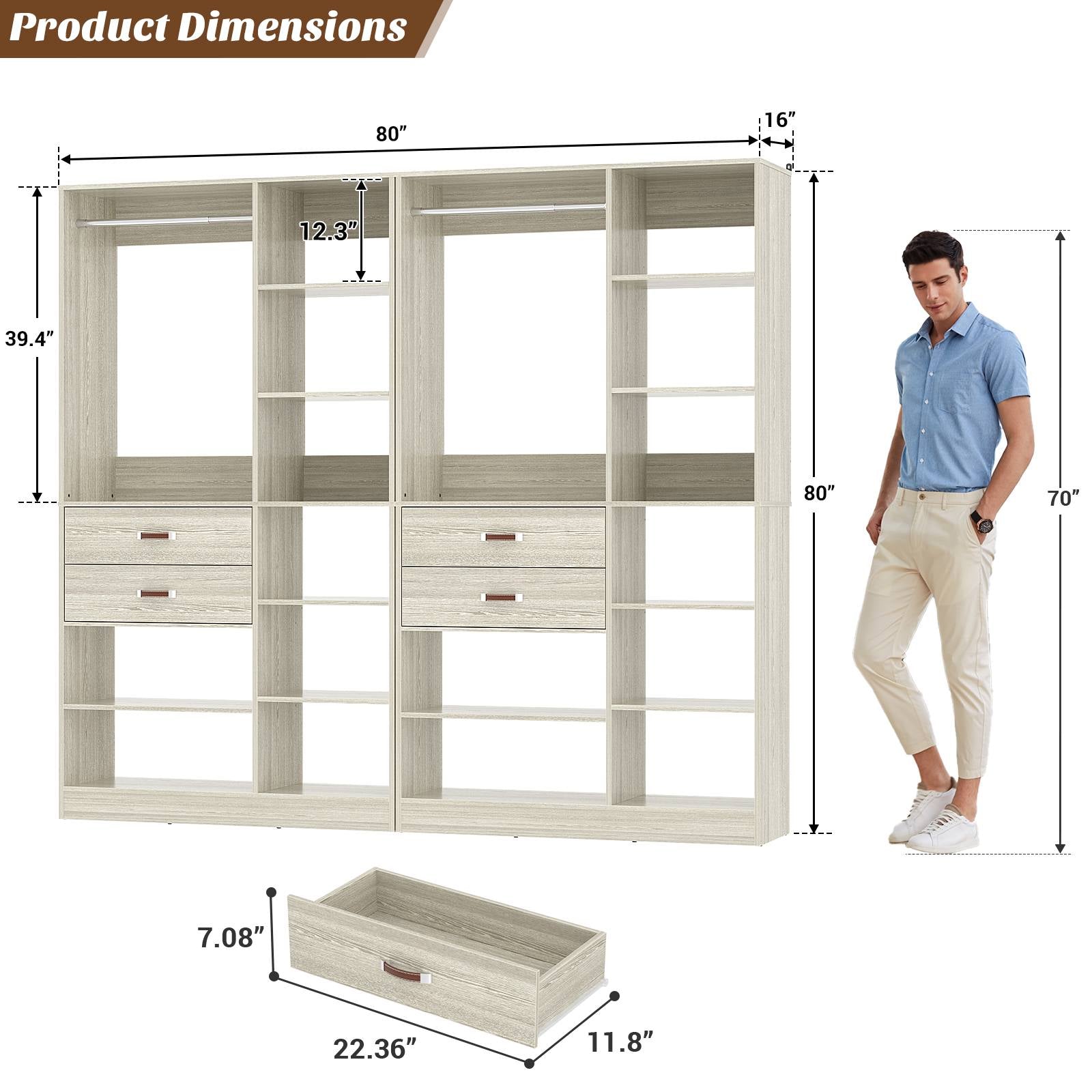 80'' Stand-Alone Closet System with 4 Wood Drawers, Garment Organizer System with Hanging Rod