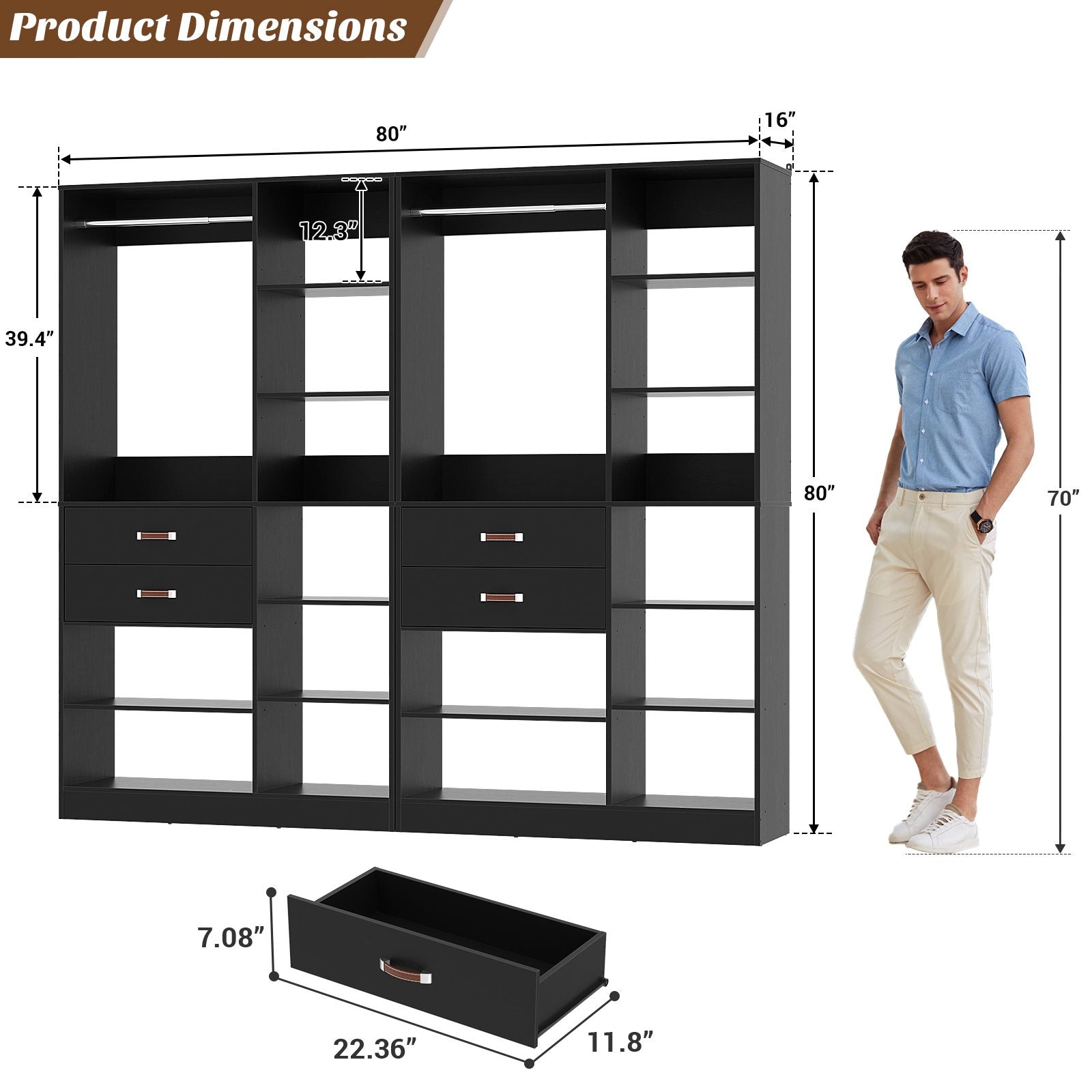 80'' Stand-Alone Closet System with 4 Wood Drawers, Garment Organizer System with Hanging Rod
