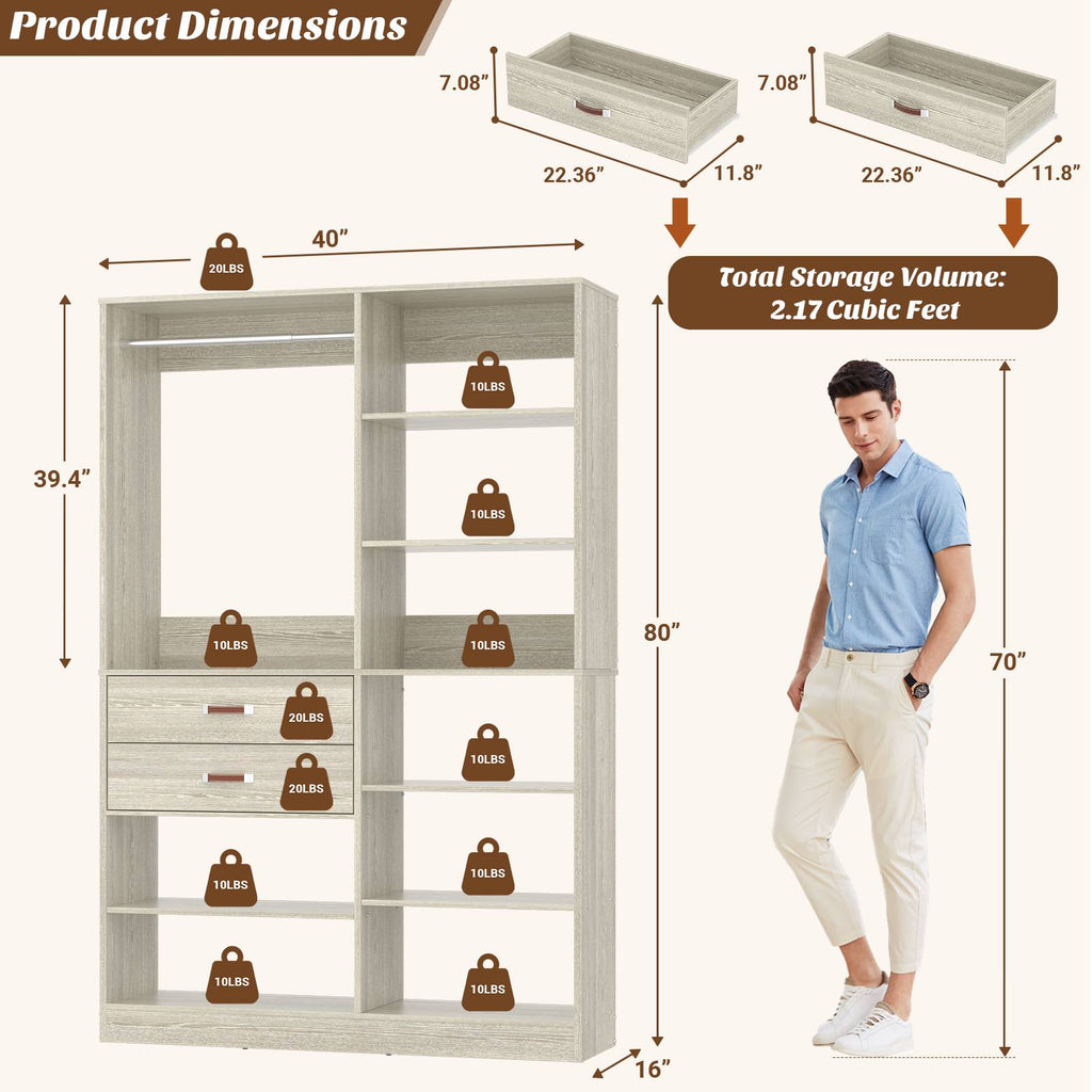 40'' Stand-Alone Closet System with 2 Wood Drawers, Garment Organizer System with Hanging Rod