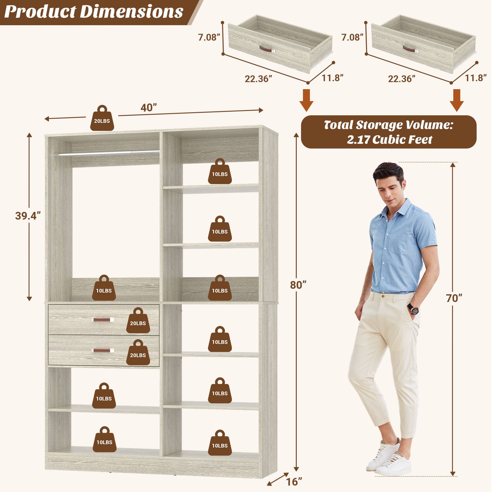 40'' Stand-Alone Closet System with 2 Wood Drawers, Garment Organizer System with Hanging Rod