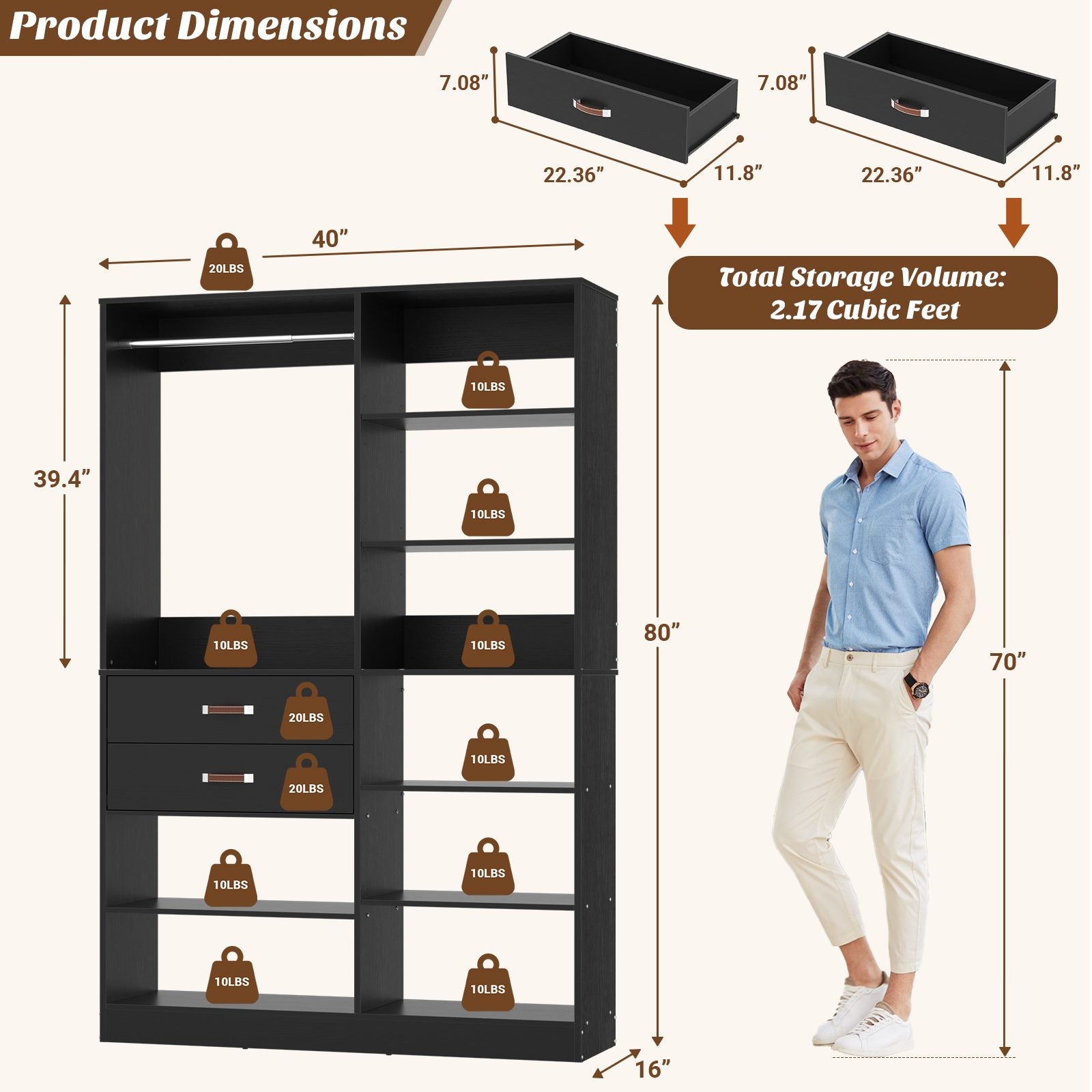 40'' Stand-Alone Closet System with 2 Wood Drawers, Garment Organizer System with Hanging Rod