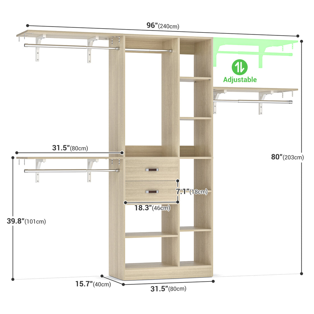 8FT Heavy Duty Wood Closet System with 2 Drawers & 4 Adjustable Hanging Rods & 9-Cube Shelving