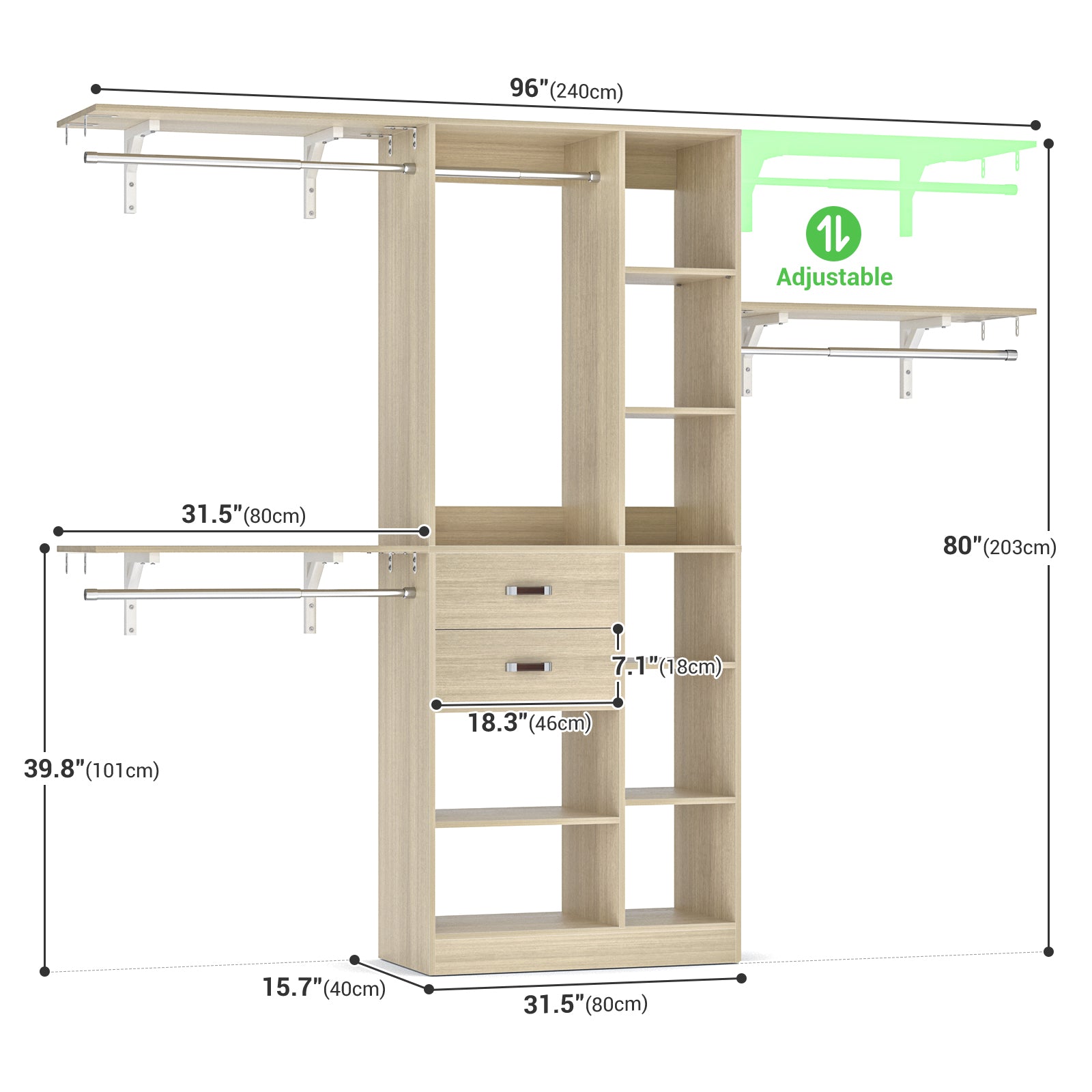 8FT Heavy Duty Wood Closet System with 2 Drawers & 4 Adjustable Hanging Rods & 9-Cube Shelving