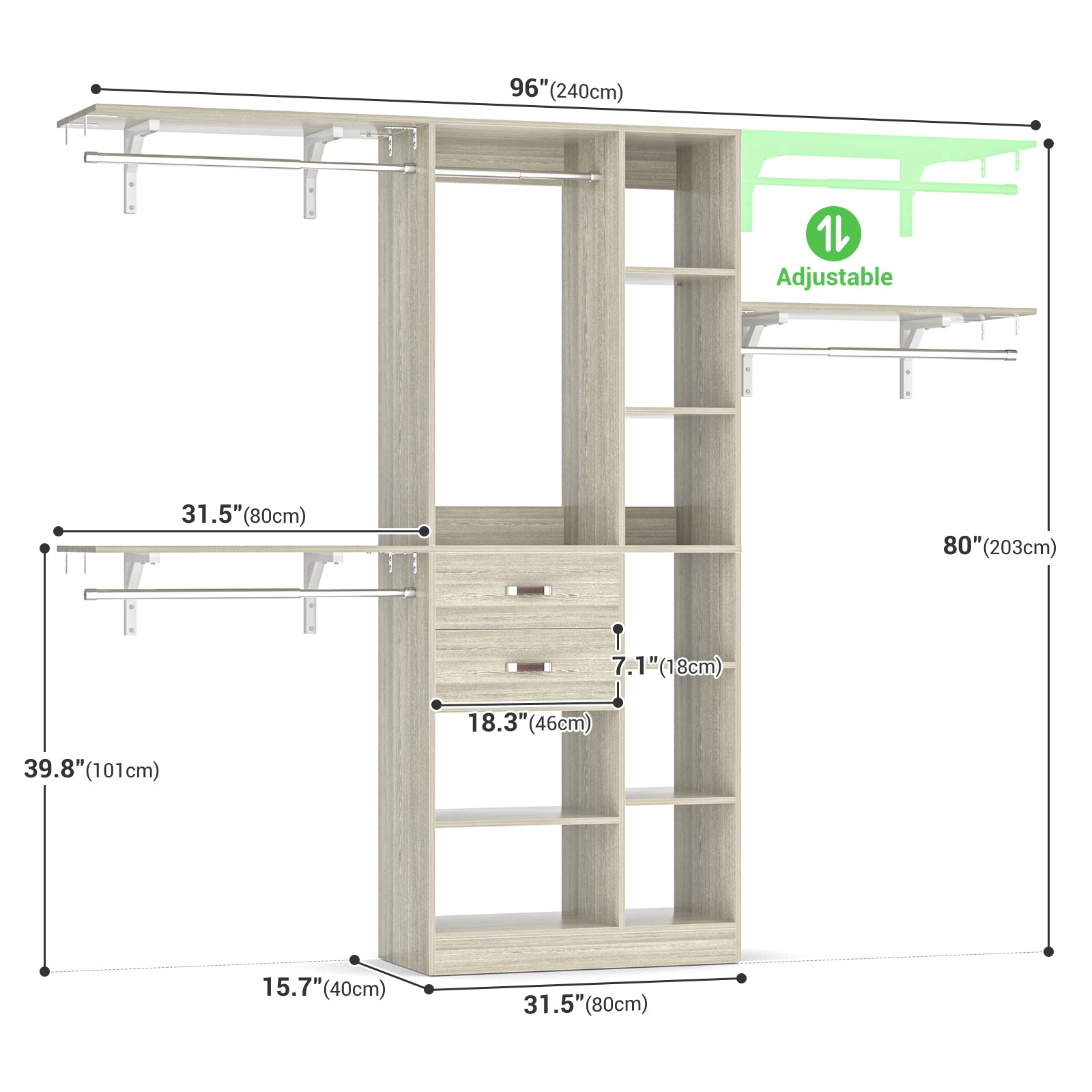 8FT Heavy Duty Wood Closet System with 2 Drawers & 4 Adjustable Hanging Rods & 9-Cube Shelving
