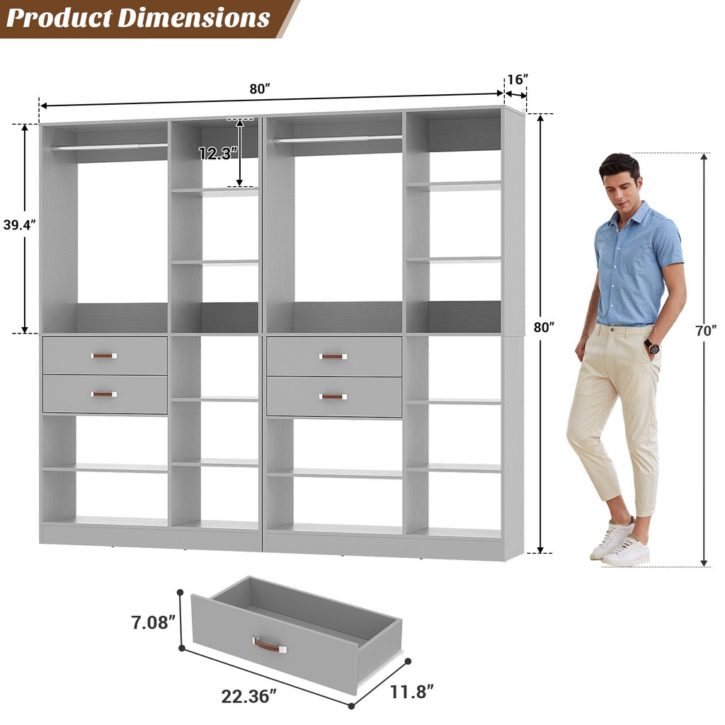80'' Stand-Alone Closet System with 4 Wood Drawers, Garment Organizer System with Hanging Rod