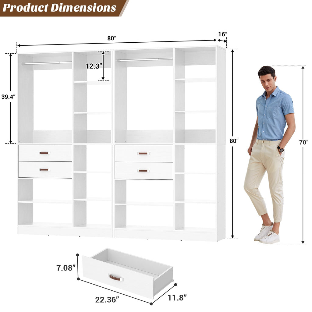 80'' Stand-Alone Closet System with 4 Wood Drawers, Garment Organizer System with Hanging Rod