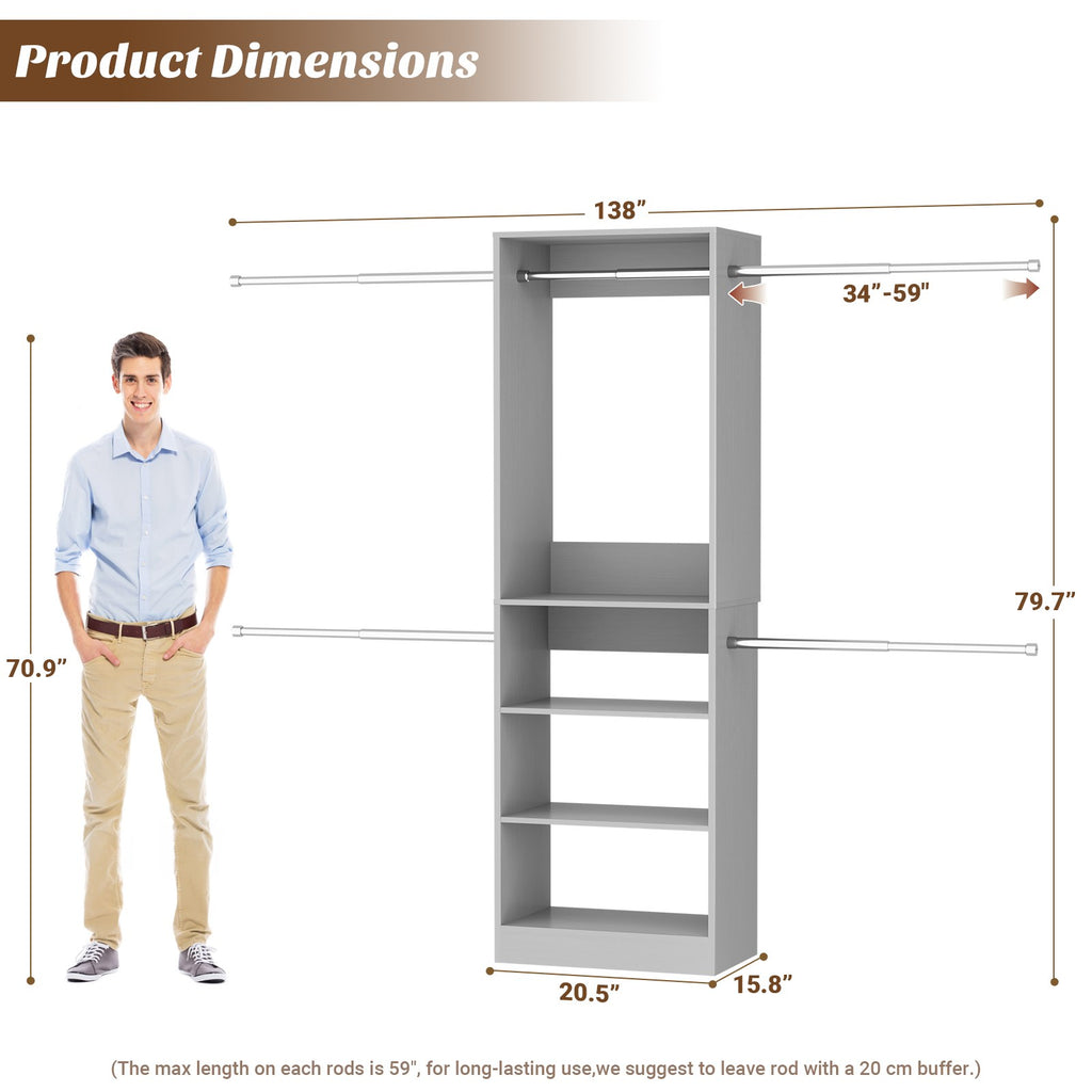 12FT Large Open Closet System, 138'' Wall-Mounted Closet Shelving with 5 Hanging Rods and 6 Shelves