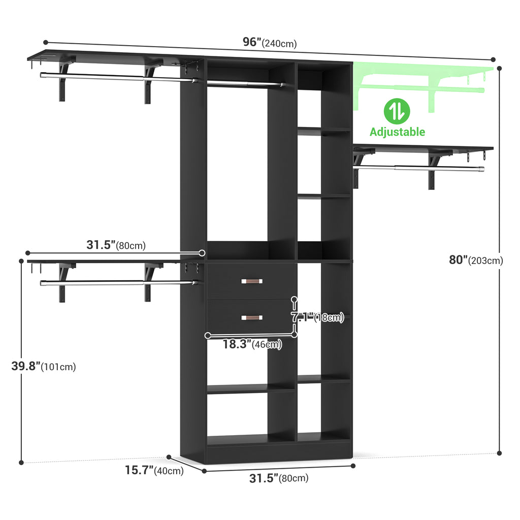 8FT Heavy Duty Wood Closet System with 2 Drawers & 4 Adjustable Hanging Rods & 9-Cube Shelving