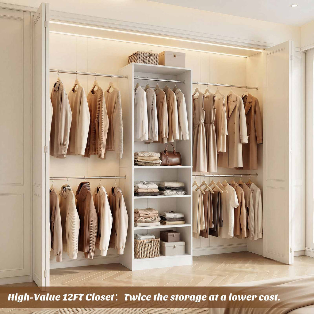 12FT Large Open Closet System, 138'' Wall-Mounted Closet Shelving with 5 Hanging Rods and 6 Shelves