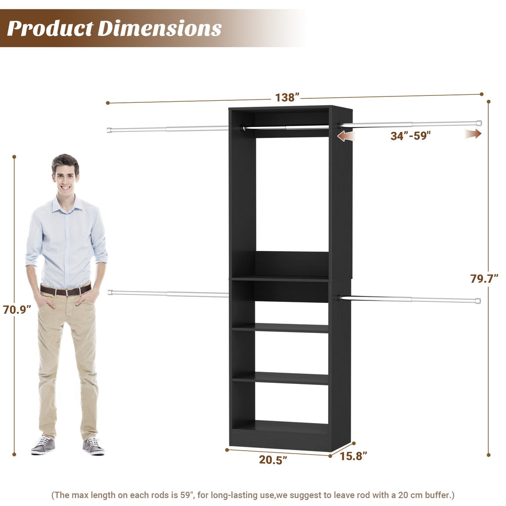 12FT Large Open Closet System, 138'' Wall-Mounted Closet Shelving with 5 Hanging Rods and 6 Shelves