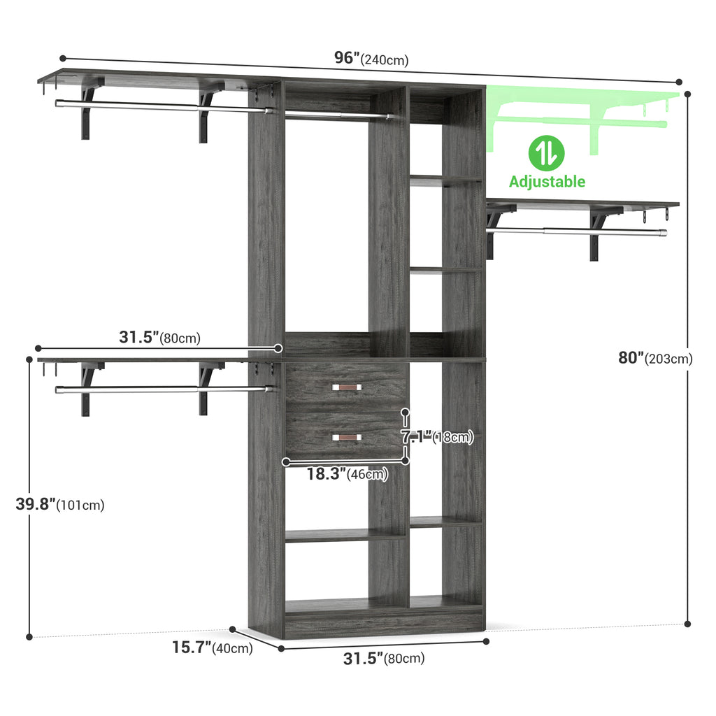 8FT Heavy Duty Wood Closet System with 2 Drawers & 4 Adjustable Hanging Rods & 9-Cube Shelving