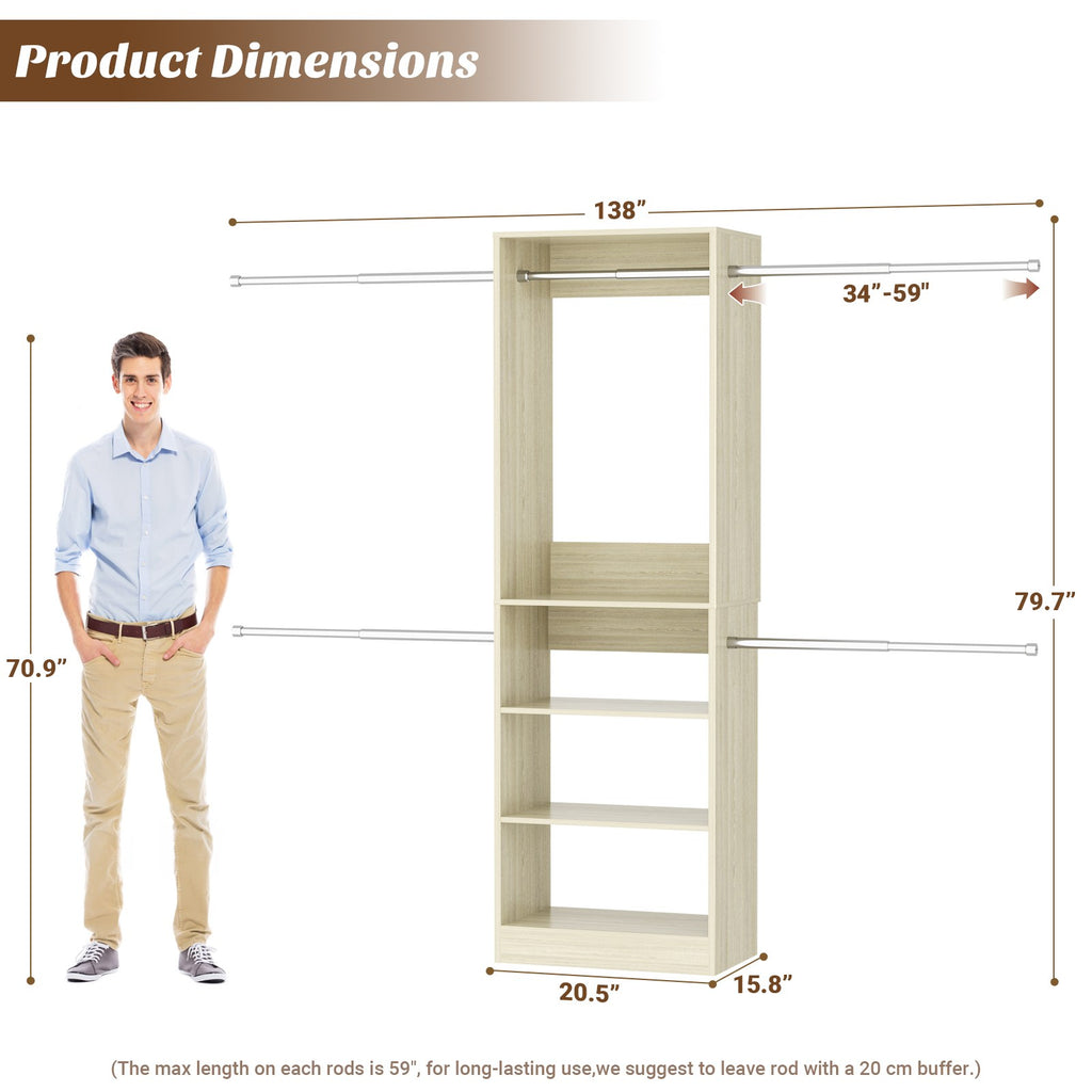 12FT Large Open Closet System, 138'' Wall-Mounted Closet Shelving with 5 Hanging Rods and 6 Shelves