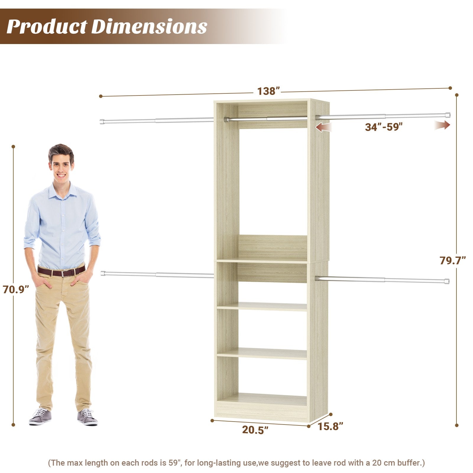 12FT Large Open Closet System, 138'' Wall-Mounted Closet Shelving with 5 Hanging Rods and 6 Shelves