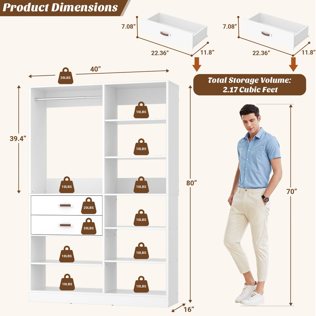 40'' Stand-Alone Closet System with 2 Wood Drawers, Garment Organizer System with Hanging Rod