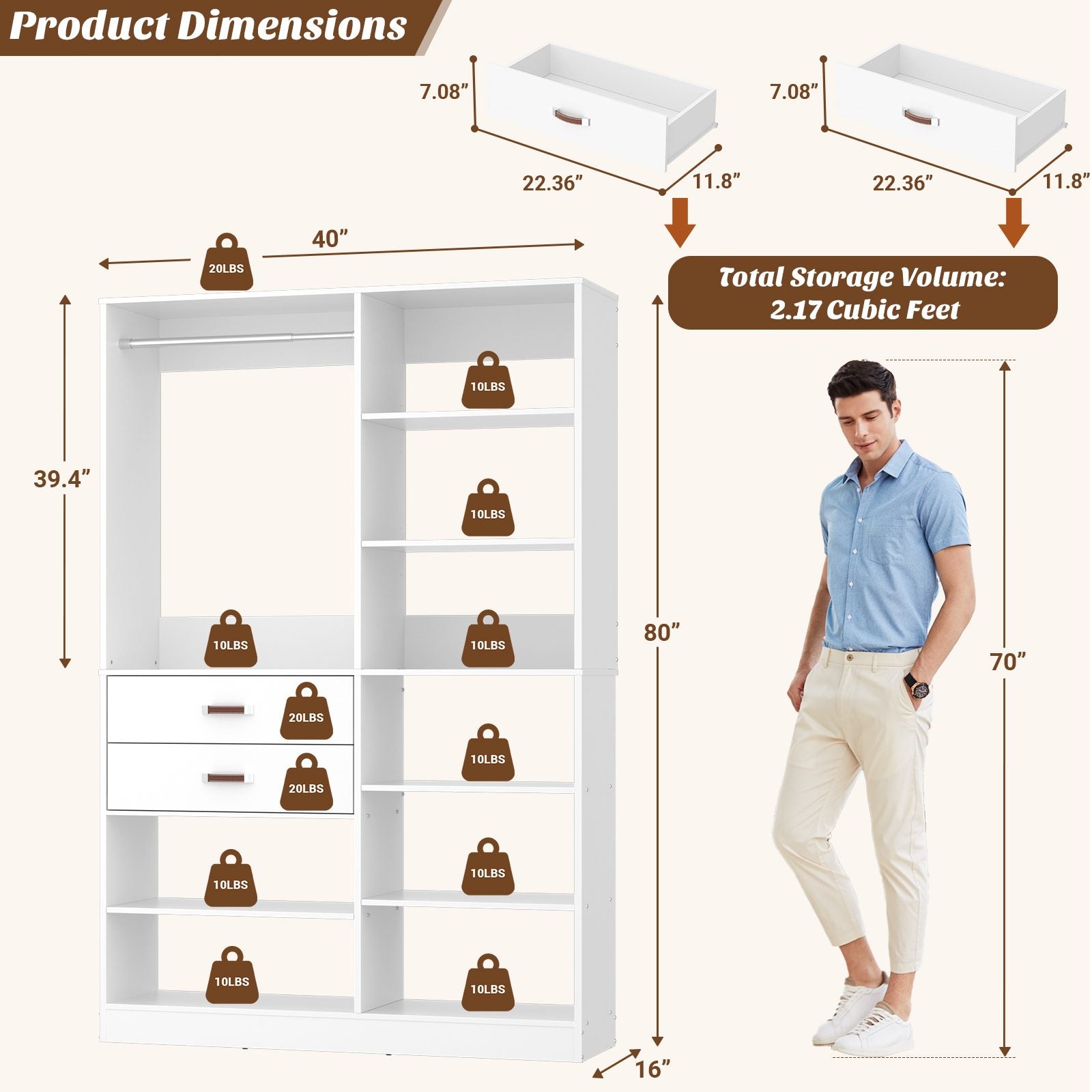 40'' Stand-Alone Closet System with 2 Wood Drawers, Garment Organizer System with Hanging Rod