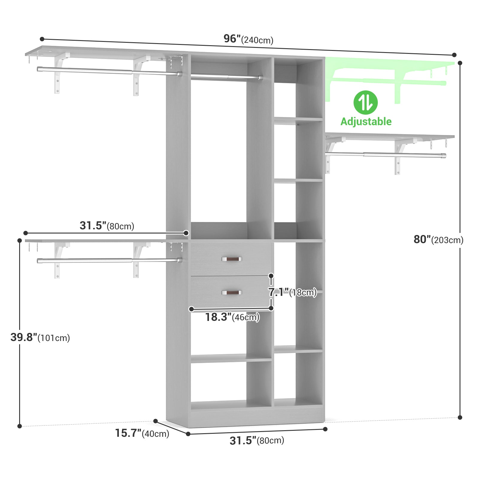 8FT Heavy Duty Wood Closet System with 2 Drawers & 4 Adjustable Hanging Rods & 9-Cube Shelving