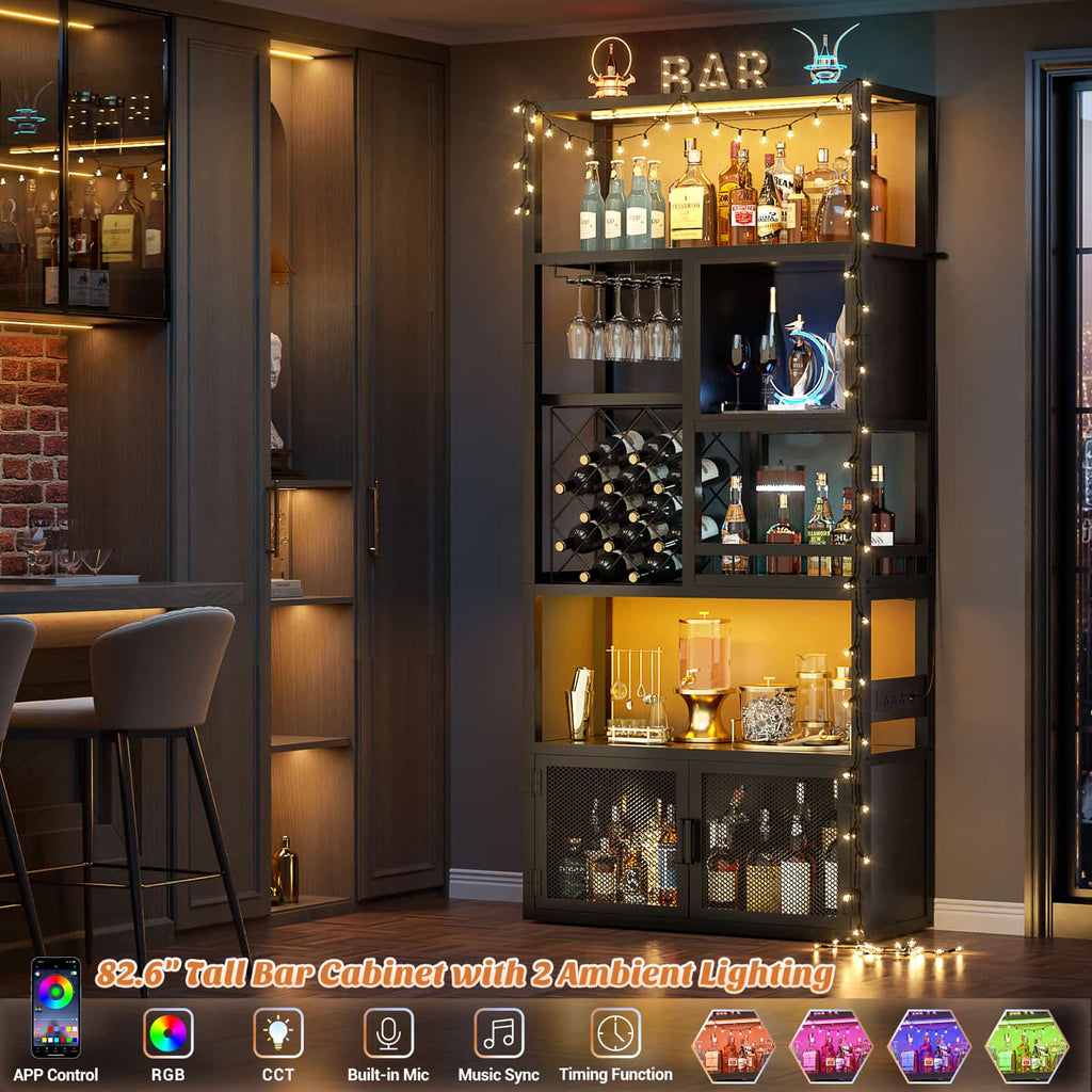 82.6'' Tall Wine Cabinet with Power Outlet and LED Lights