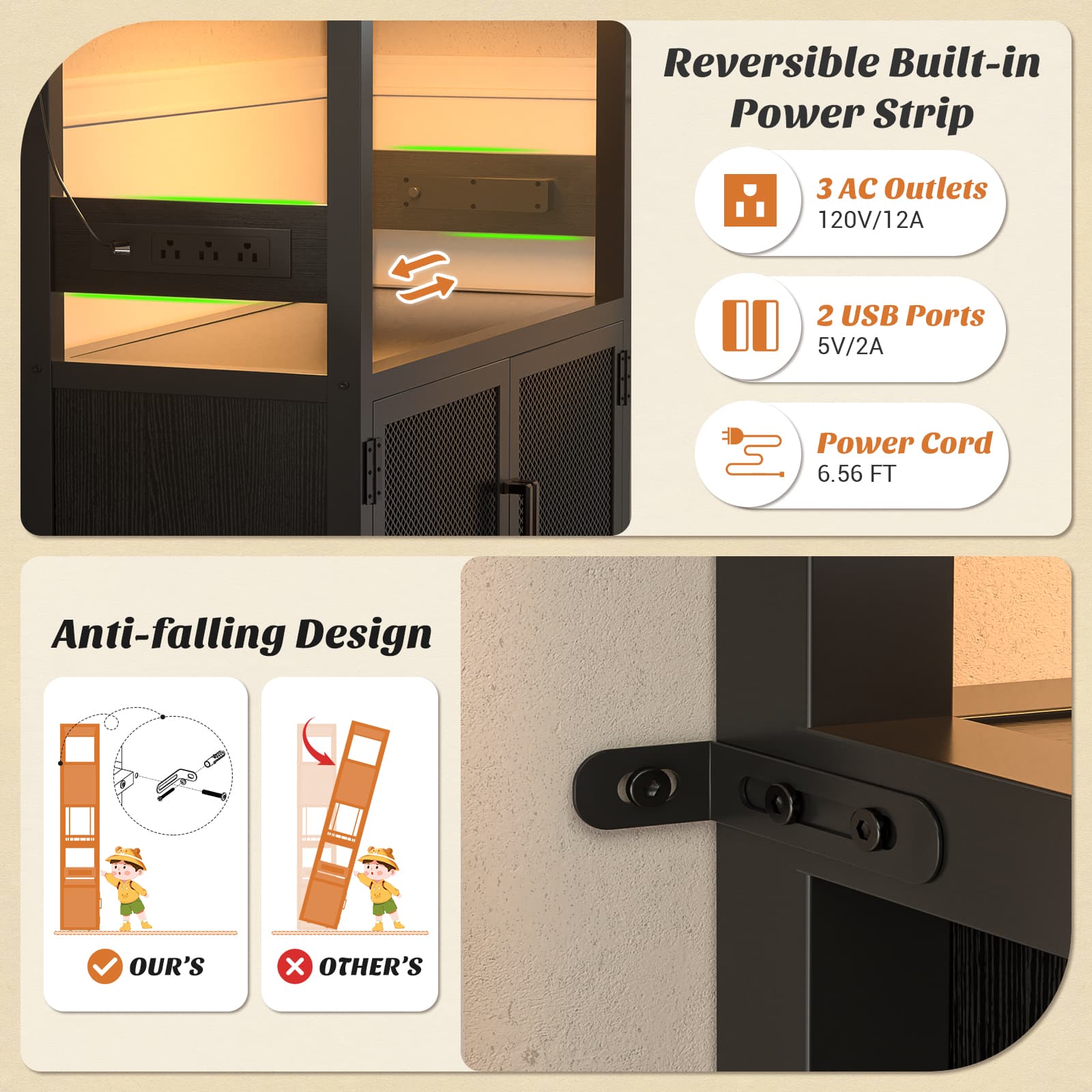 82.6'' Tall Wine Cabinet with Power Outlet and LED Lights