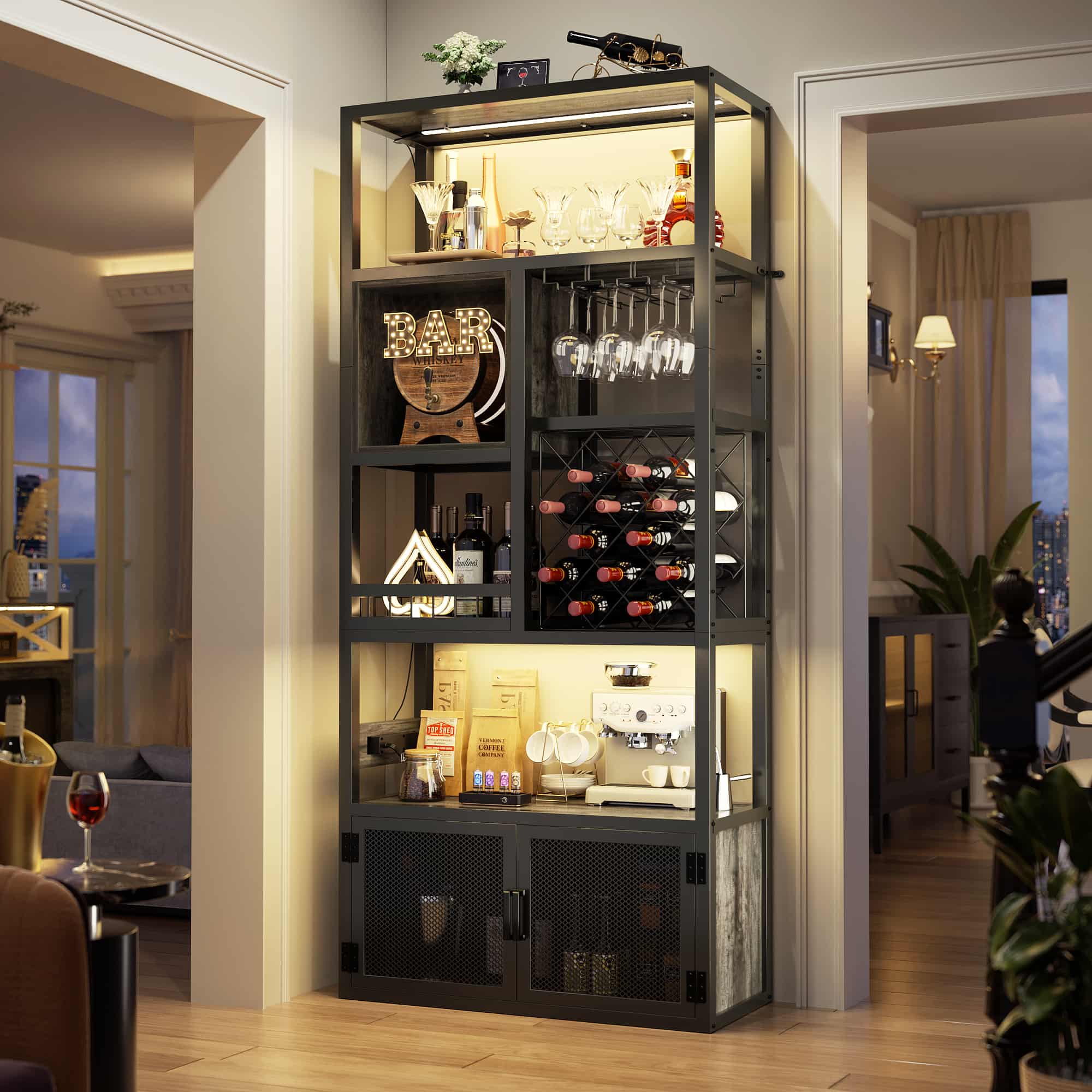 82.6'' Tall Wine Cabinet with Power Outlet and LED Lights