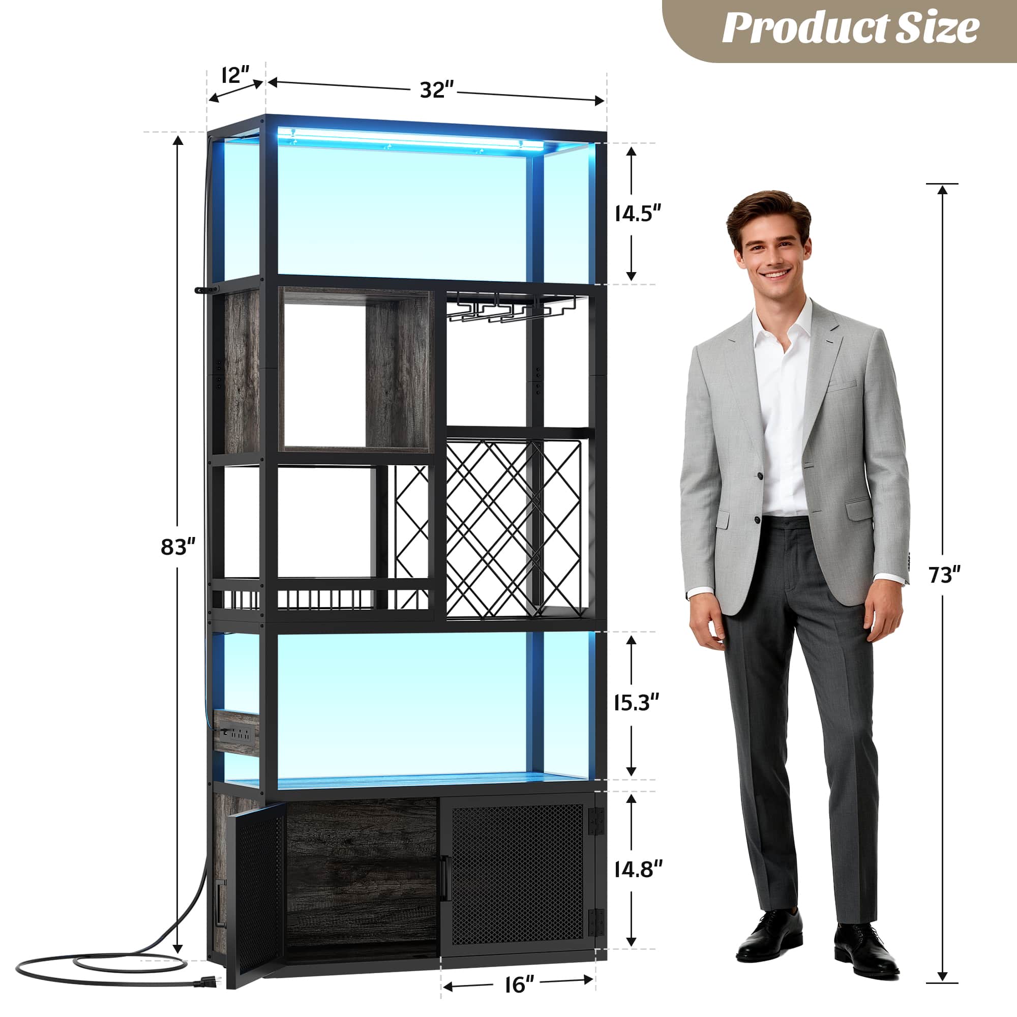 82.6'' Tall Wine Cabinet with Power Outlet and LED Lights