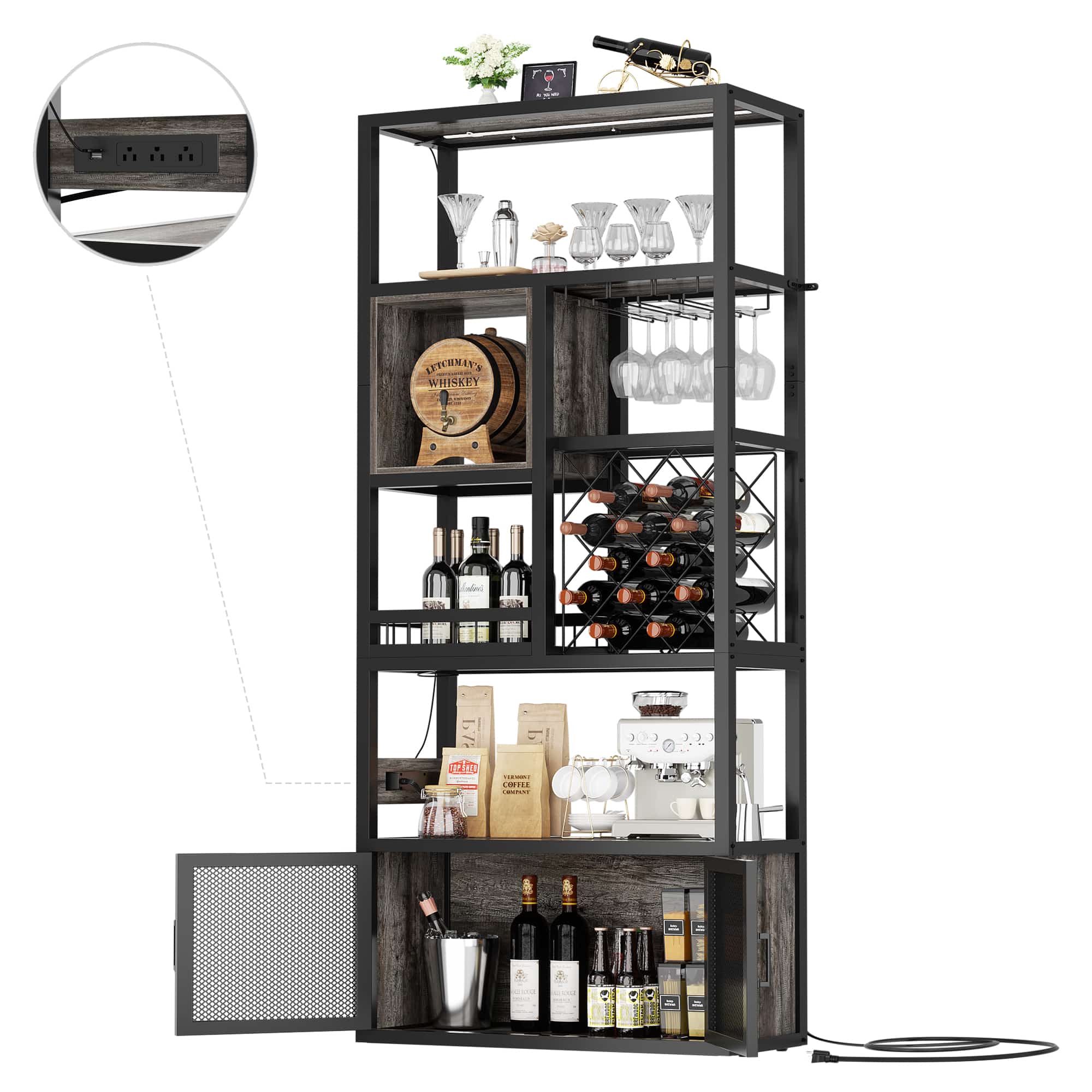 82.6'' Tall Wine Cabinet with Power Outlet and LED Lights
