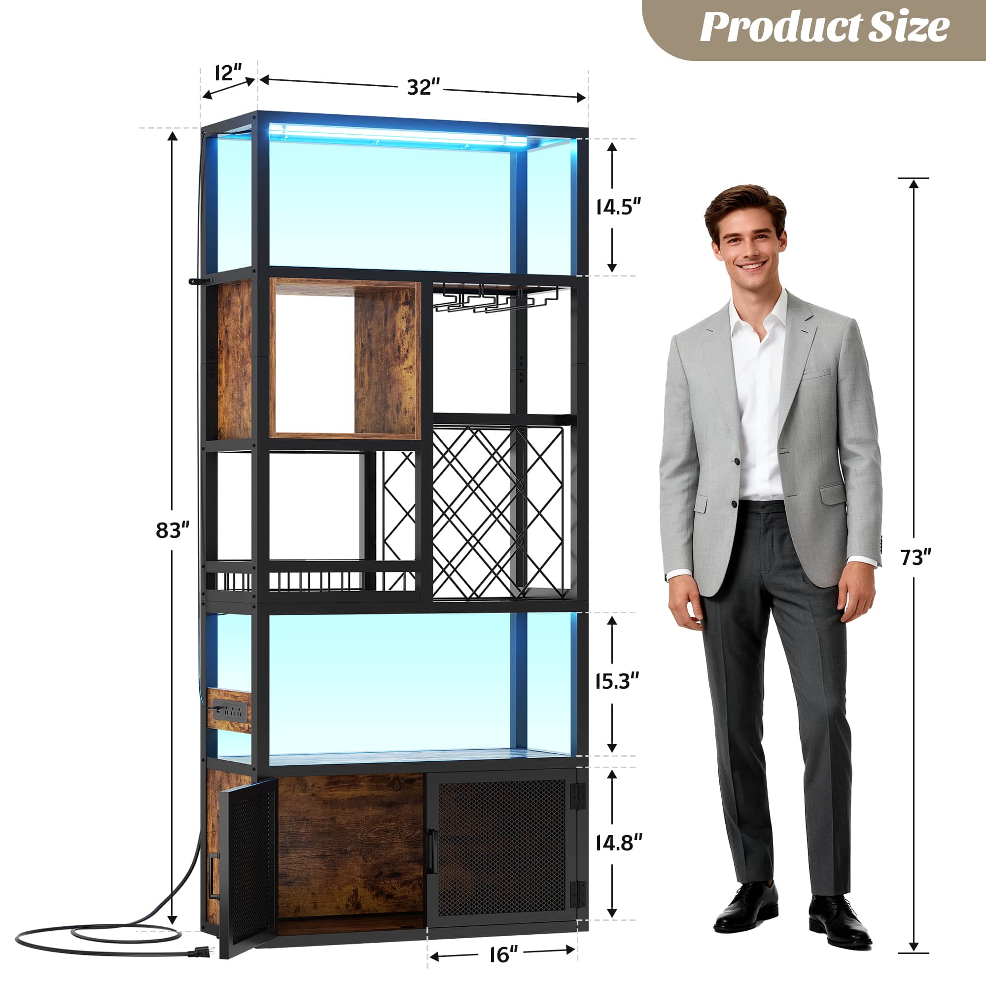 82.6'' Tall Wine Cabinet with Power Outlet and LED Lights