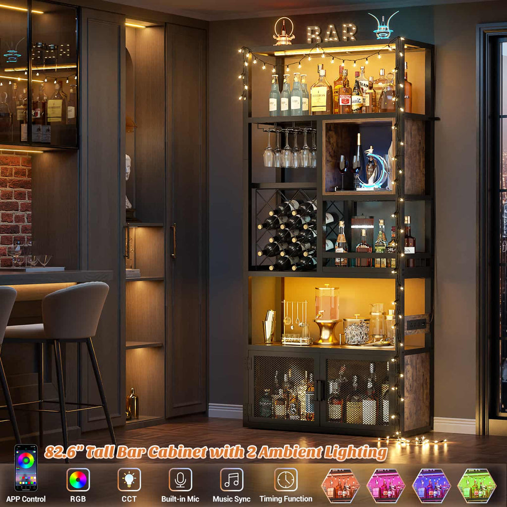 82.6'' Tall Wine Cabinet with Power Outlet and LED Lights