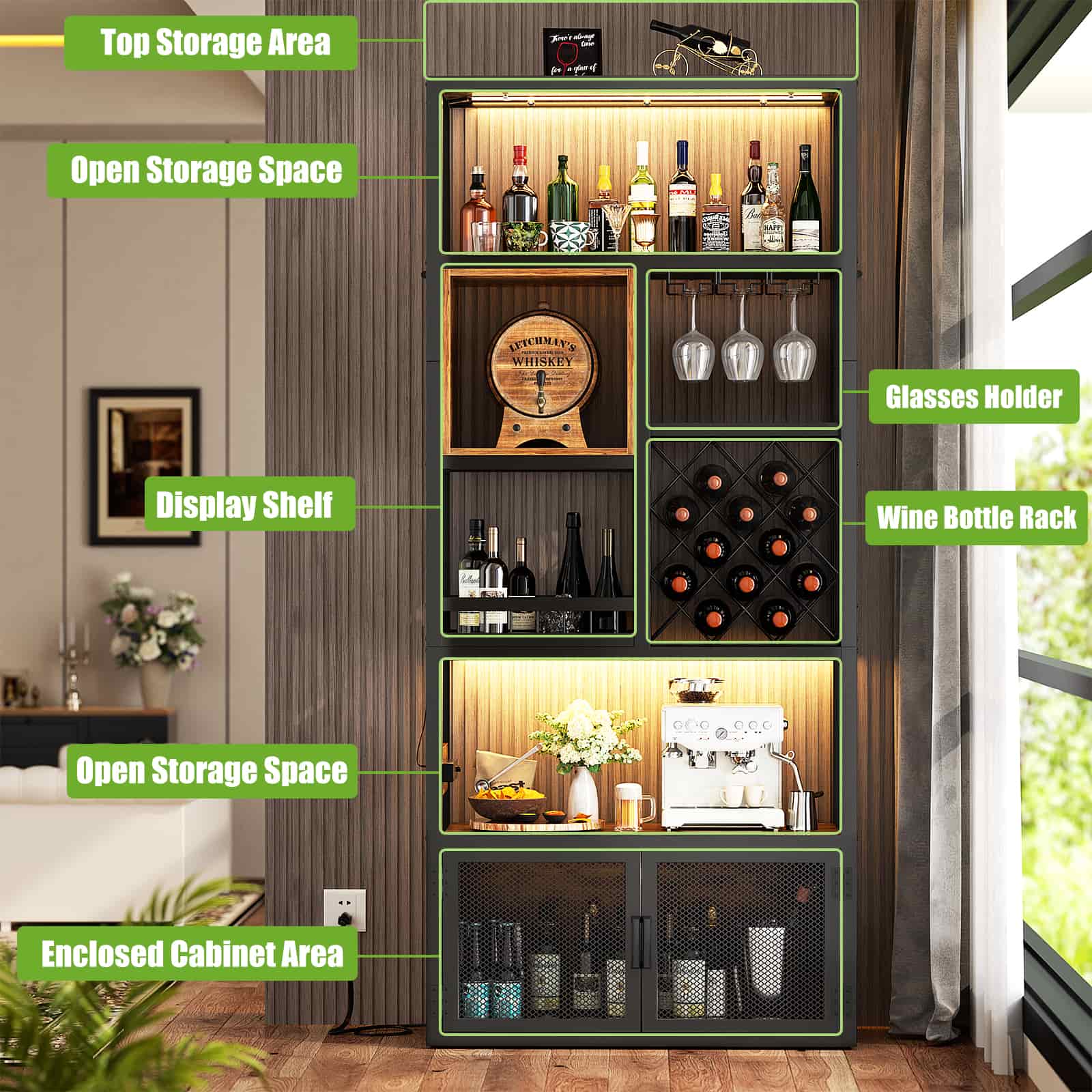 82.6'' Tall Wine Cabinet with Power Outlet and LED Lights