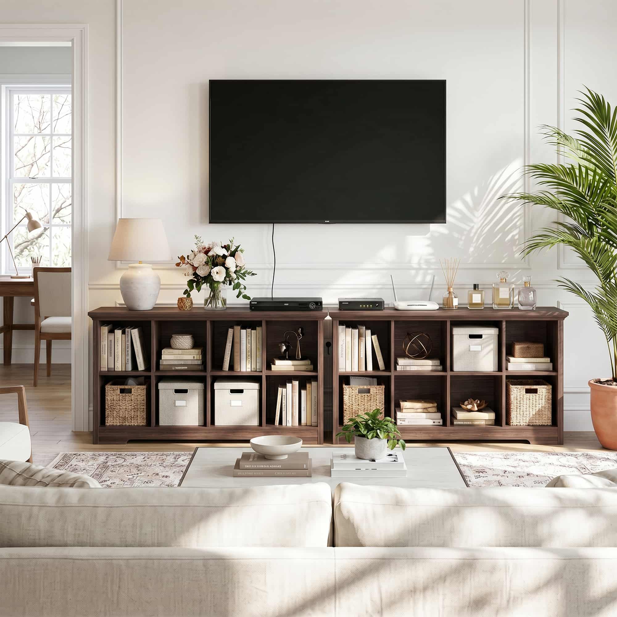 8 Cube Storage Organizer with Charging Station, 3-Tier Farmhouse Wooden Cube Bookcase