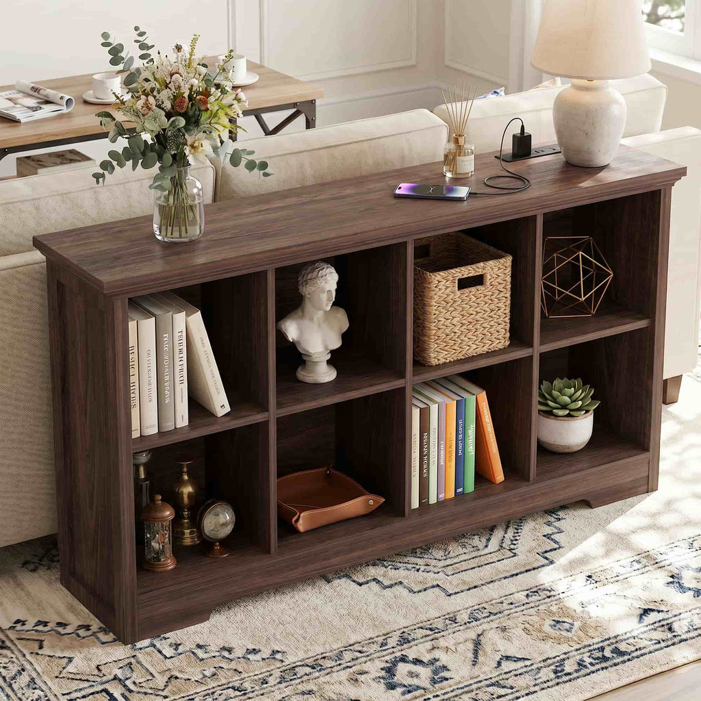 8 Cube Storage Organizer with Charging Station, 3-Tier Farmhouse Wooden Cube Bookcase