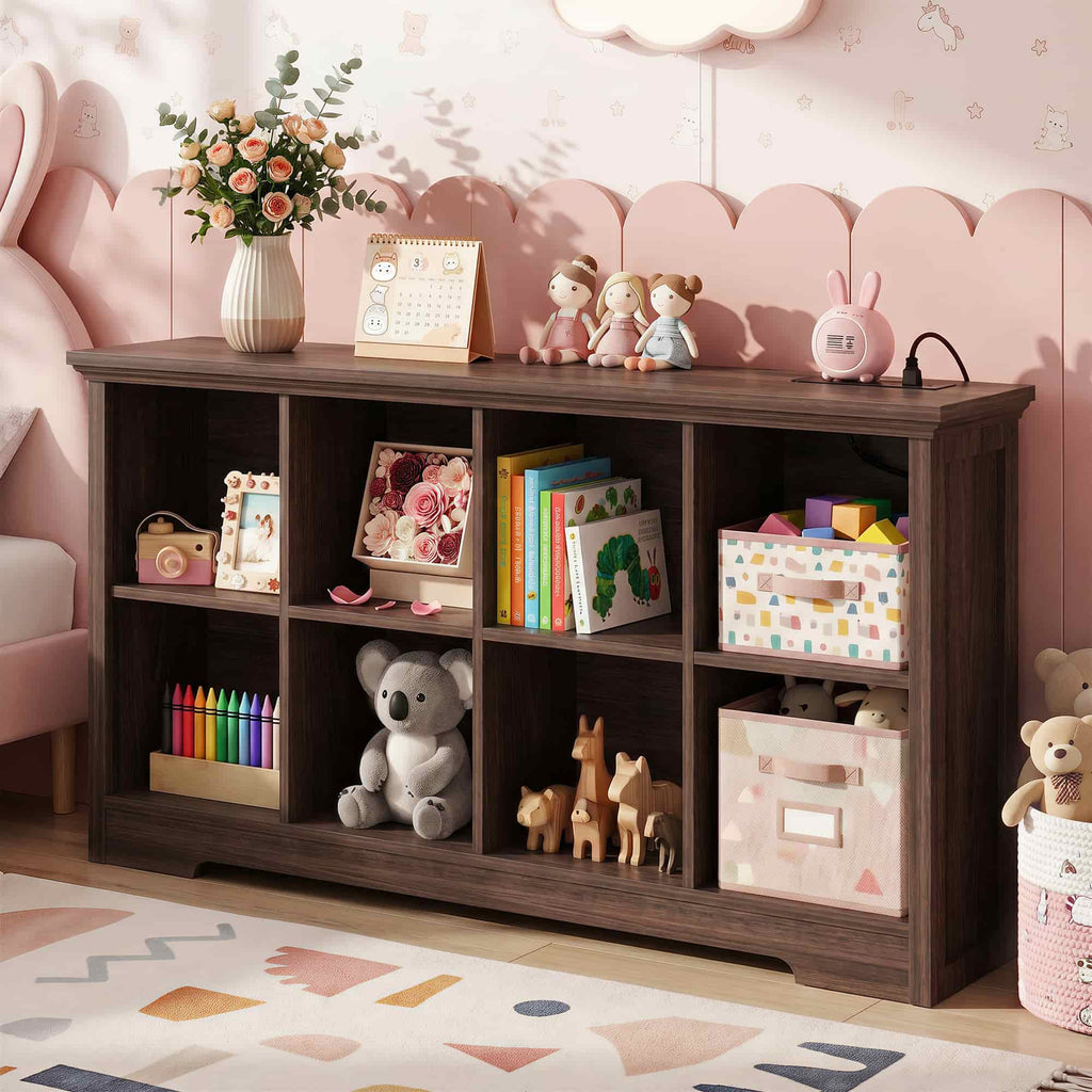 8 Cube Storage Organizer with Charging Station, 3-Tier Farmhouse Wooden Cube Bookcase