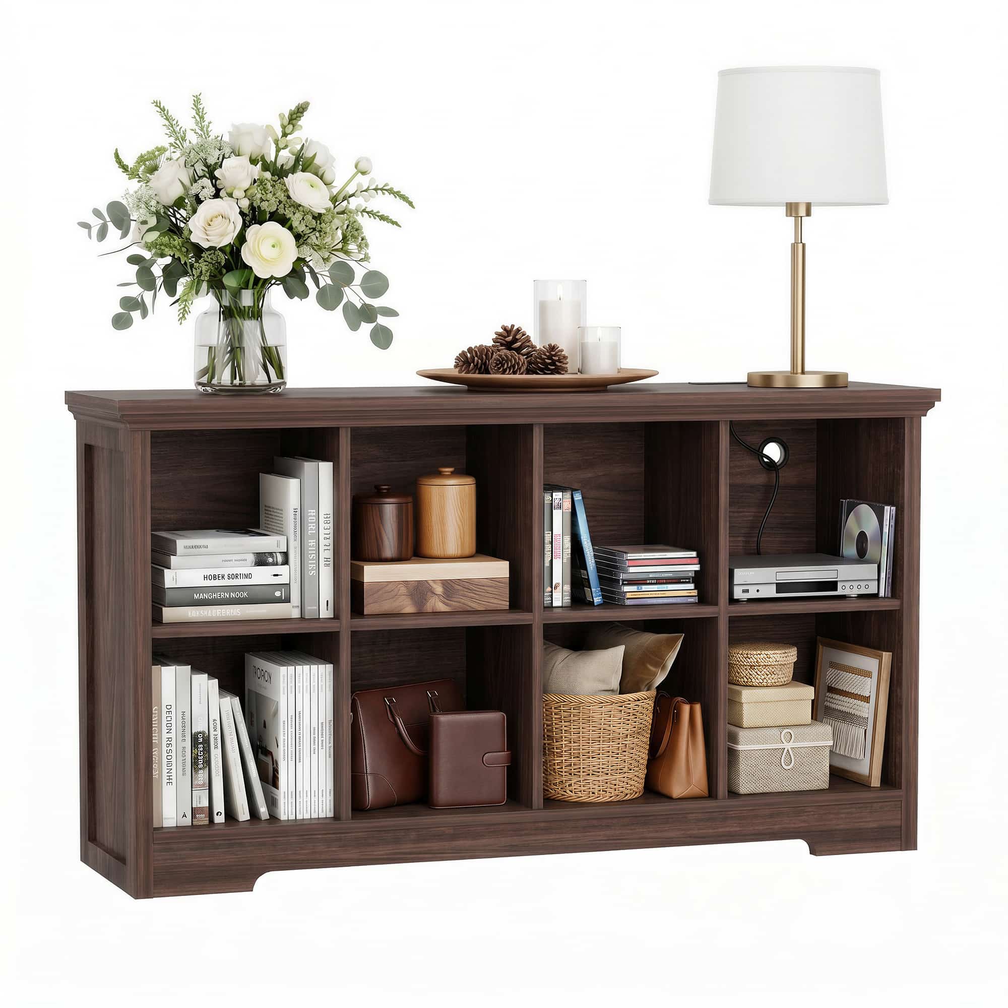 8 Cube Storage Organizer with Charging Station, 3-Tier Farmhouse Wooden Cube Bookcase